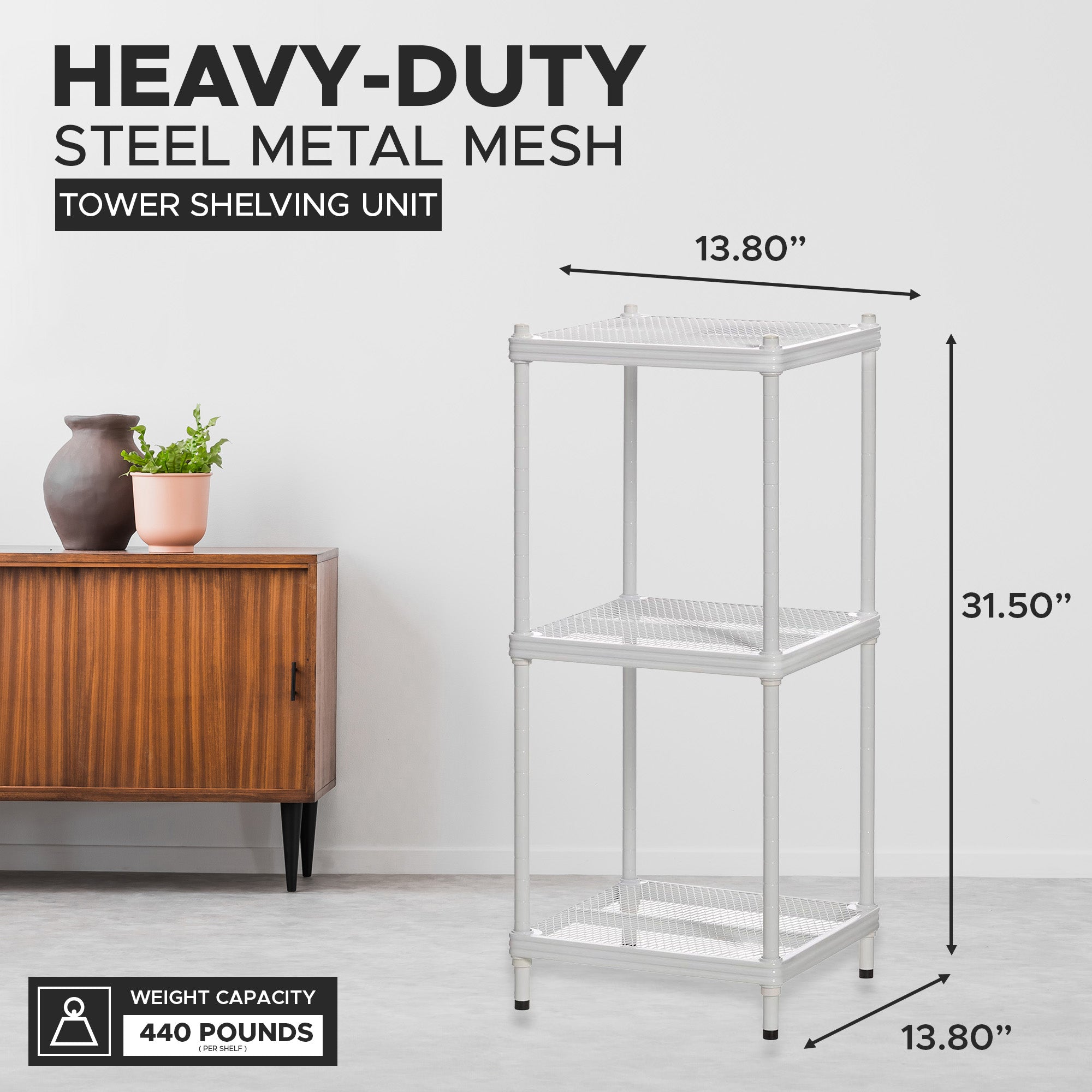 Design Ideas MeshWorks 3 Tier Tower Metal Storage Shelving Unit Rack, White - VMInnovations