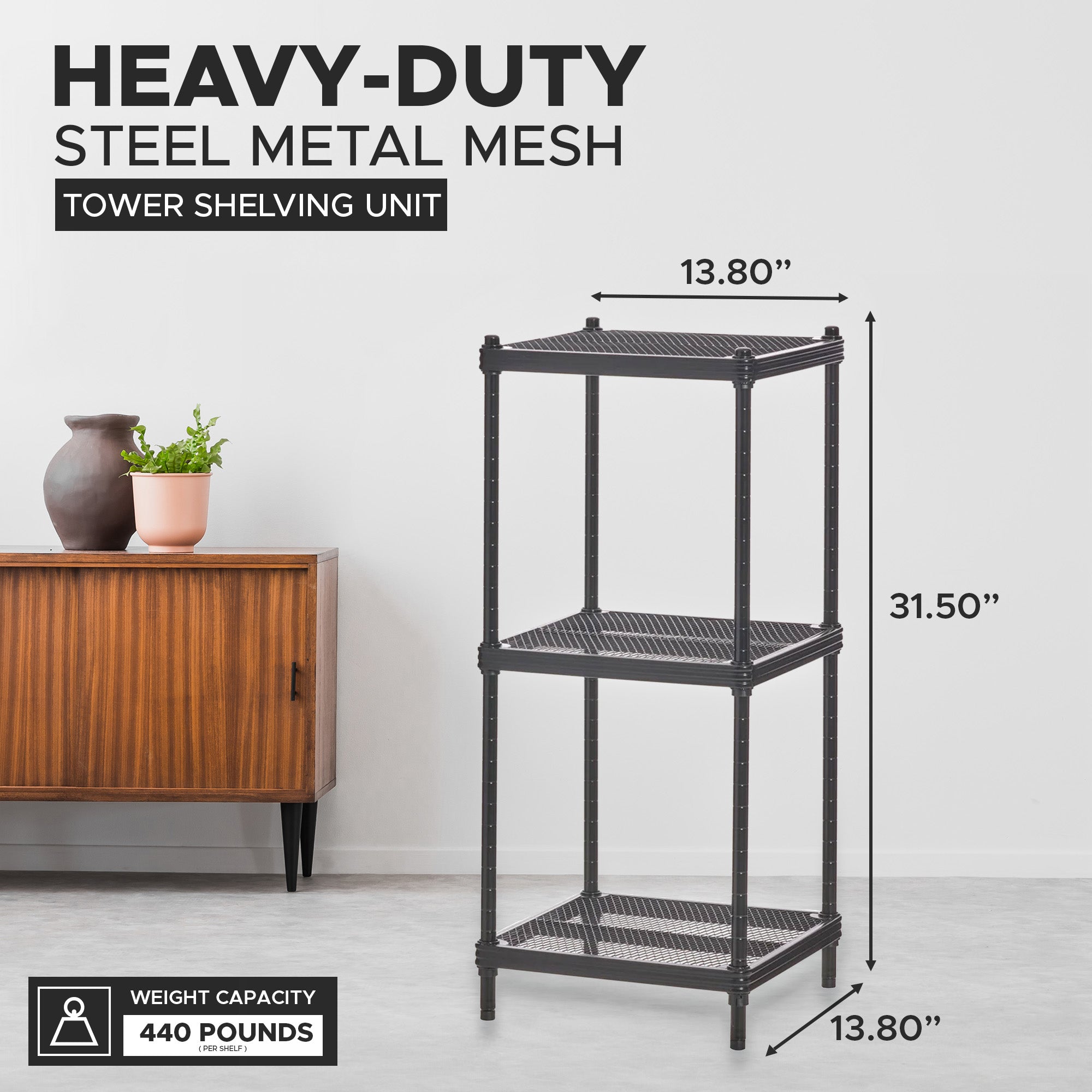 Design Ideas MeshWorks 3 Tier Tower Metal Storage Shelving Unit Rack, Black - VMInnovations