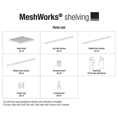 Design Ideas MeshWorks 5 Tier Tower Metal Storage Shelving Unit Rack, Silver