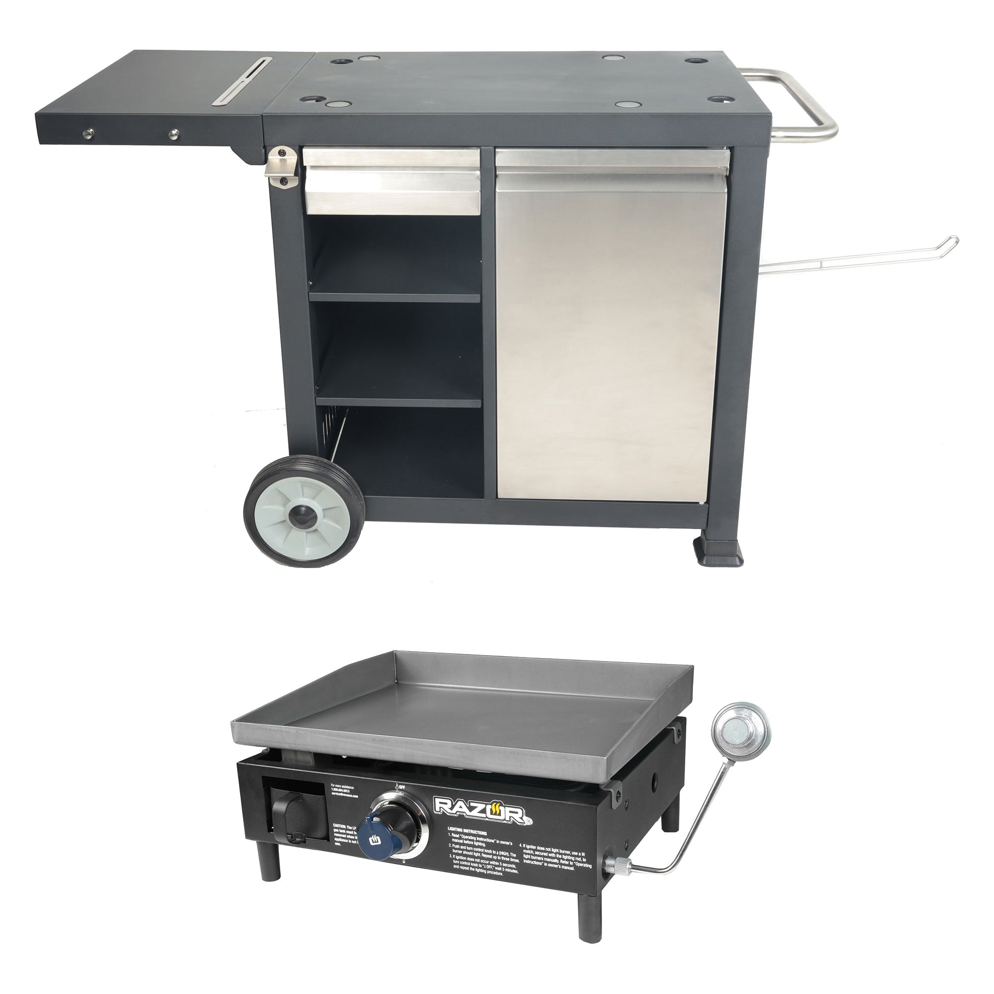 Razor Universal Rolling Prep Cart and 19 Inch Single Burner LP Propane Gas Grill - VMInnovations