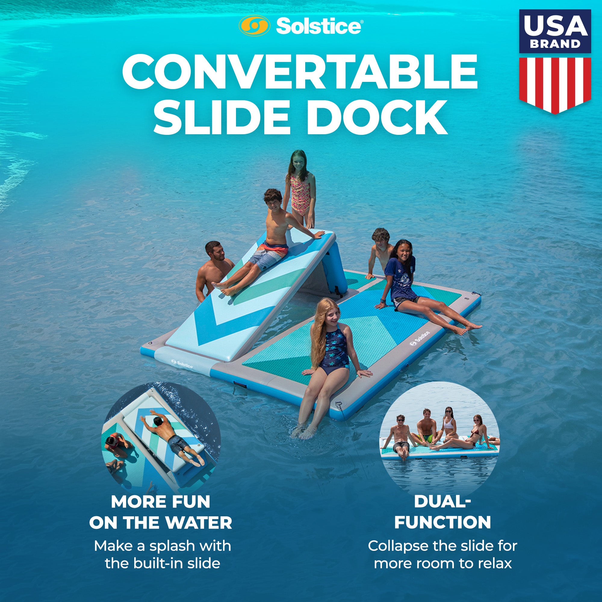 Solstice 10' x 8' Inflatable Convertible Floating Slide Dock with Pump and Bag