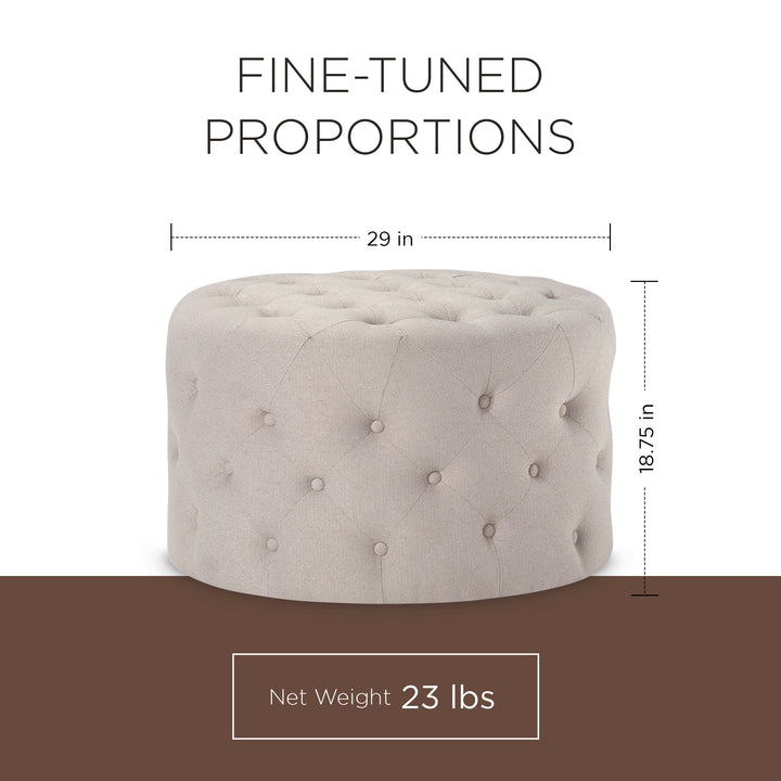 Maven Lane Marcy Traditional Round Ottoman in Dove Fabric Upholstery - VMInnovations