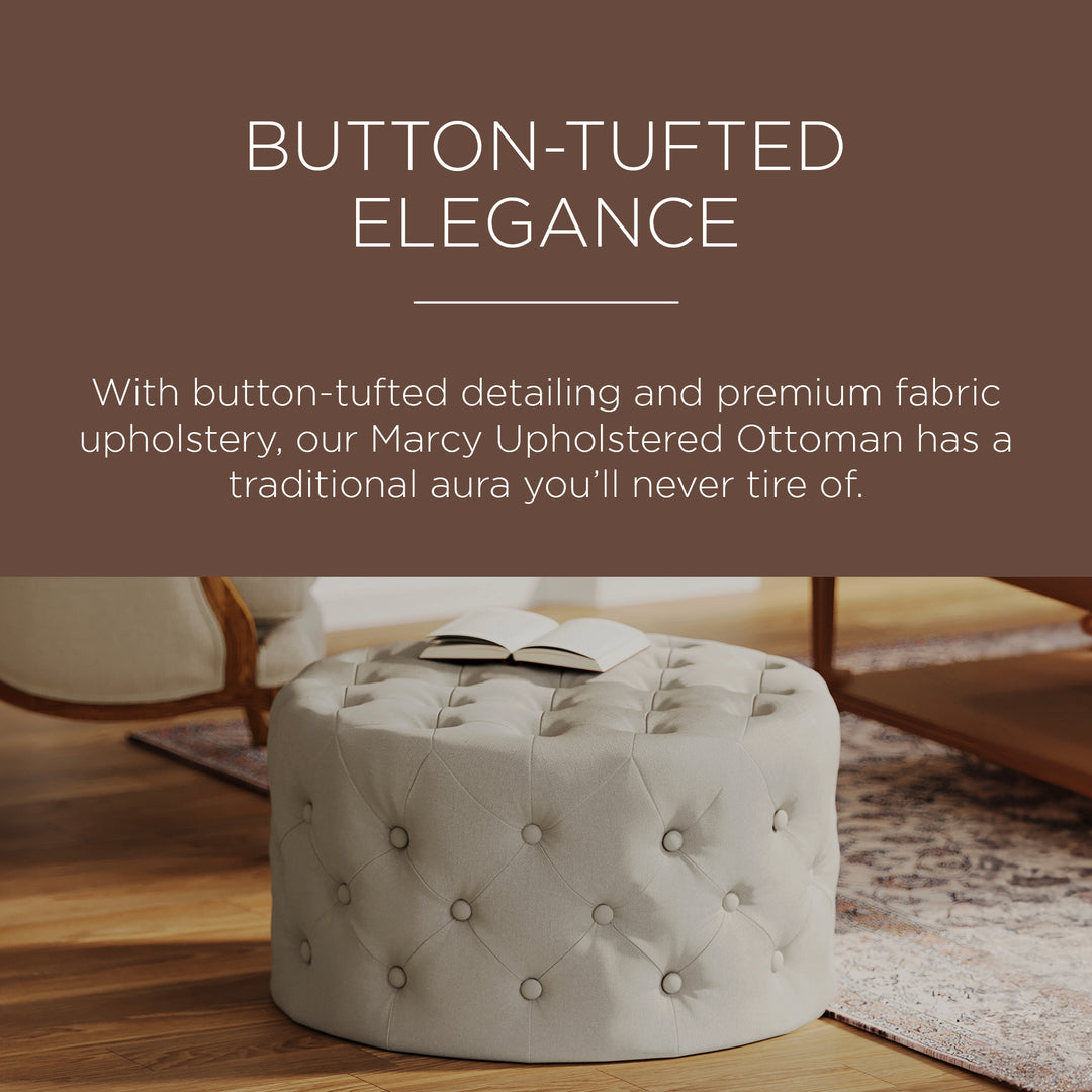 Maven Lane Marcy Traditional Round Ottoman in Dove Fabric Upholstery - VMInnovations
