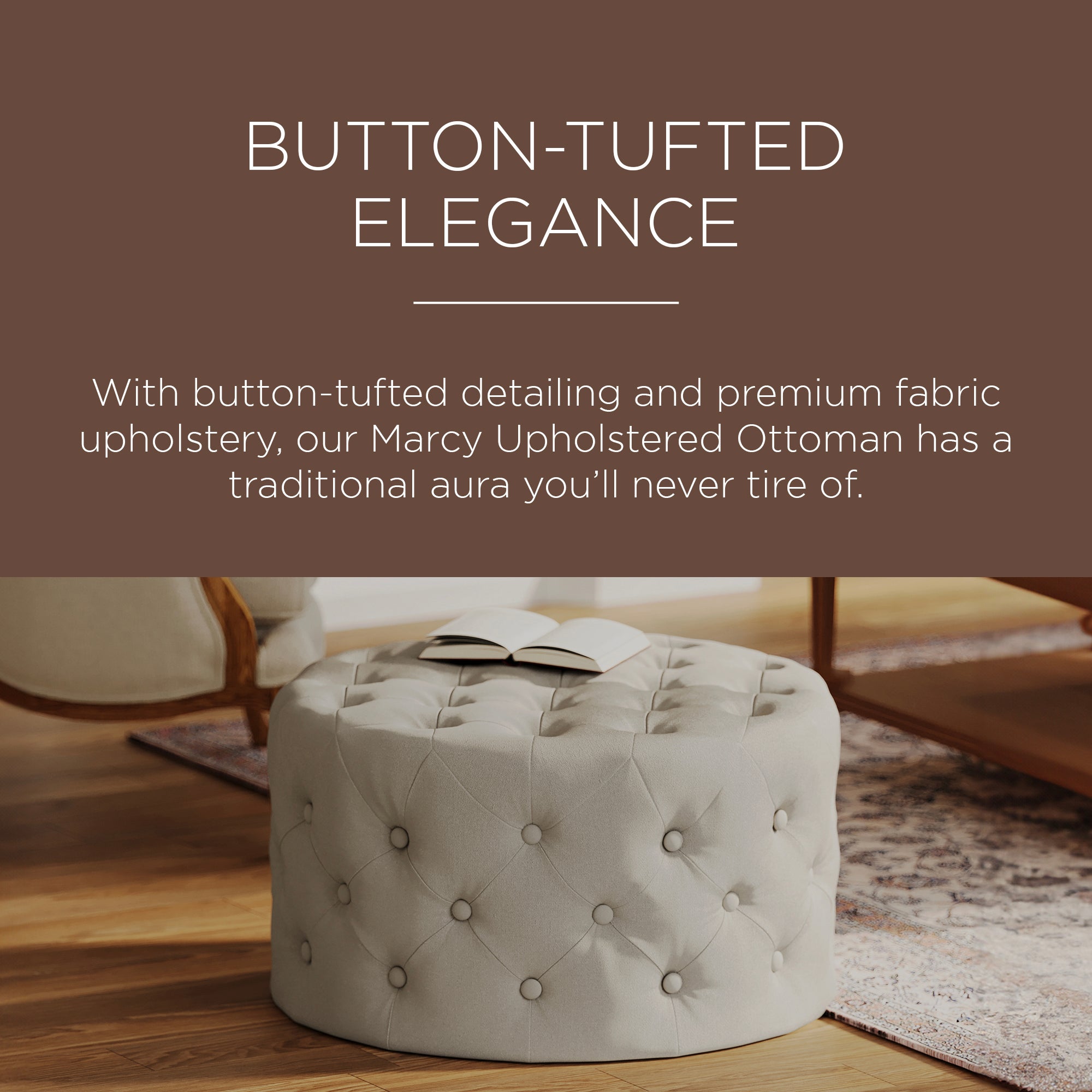 Maven Lane Marcy Traditional Round Ottoman in Dove Fabric Upholstery - VMInnovations