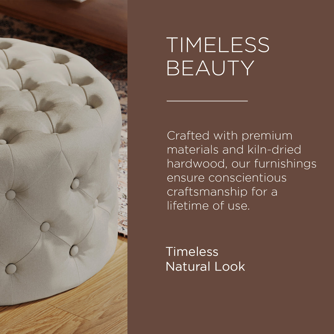 Maven Lane Marcy Traditional Round Ottoman in Dove Fabric Upholstery - VMInnovations