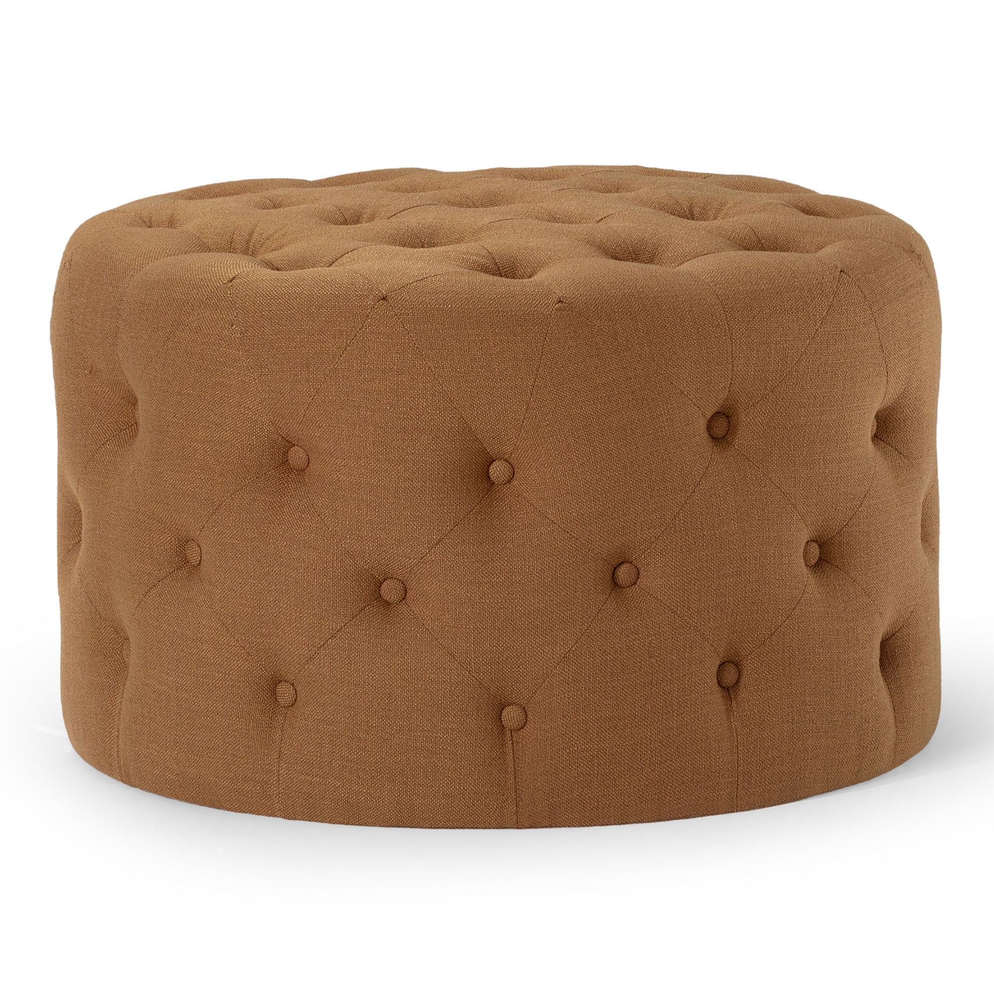 Maven Lane Marcy Traditional Round Ottoman in Clay Fabric Upholstery - VMInnovations