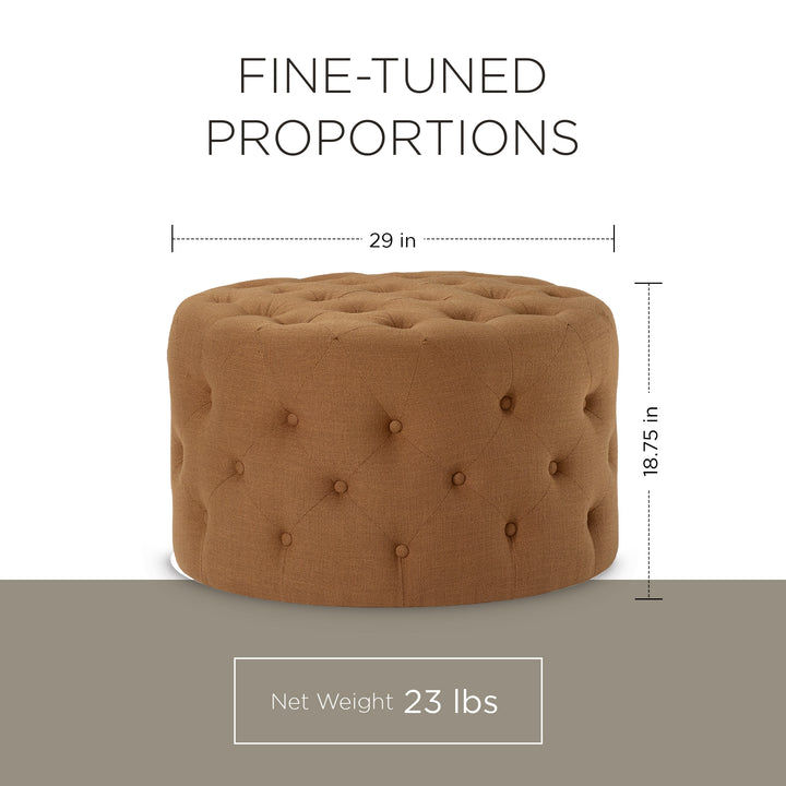 Maven Lane Marcy Traditional Round Ottoman in Clay Fabric Upholstery - VMInnovations
