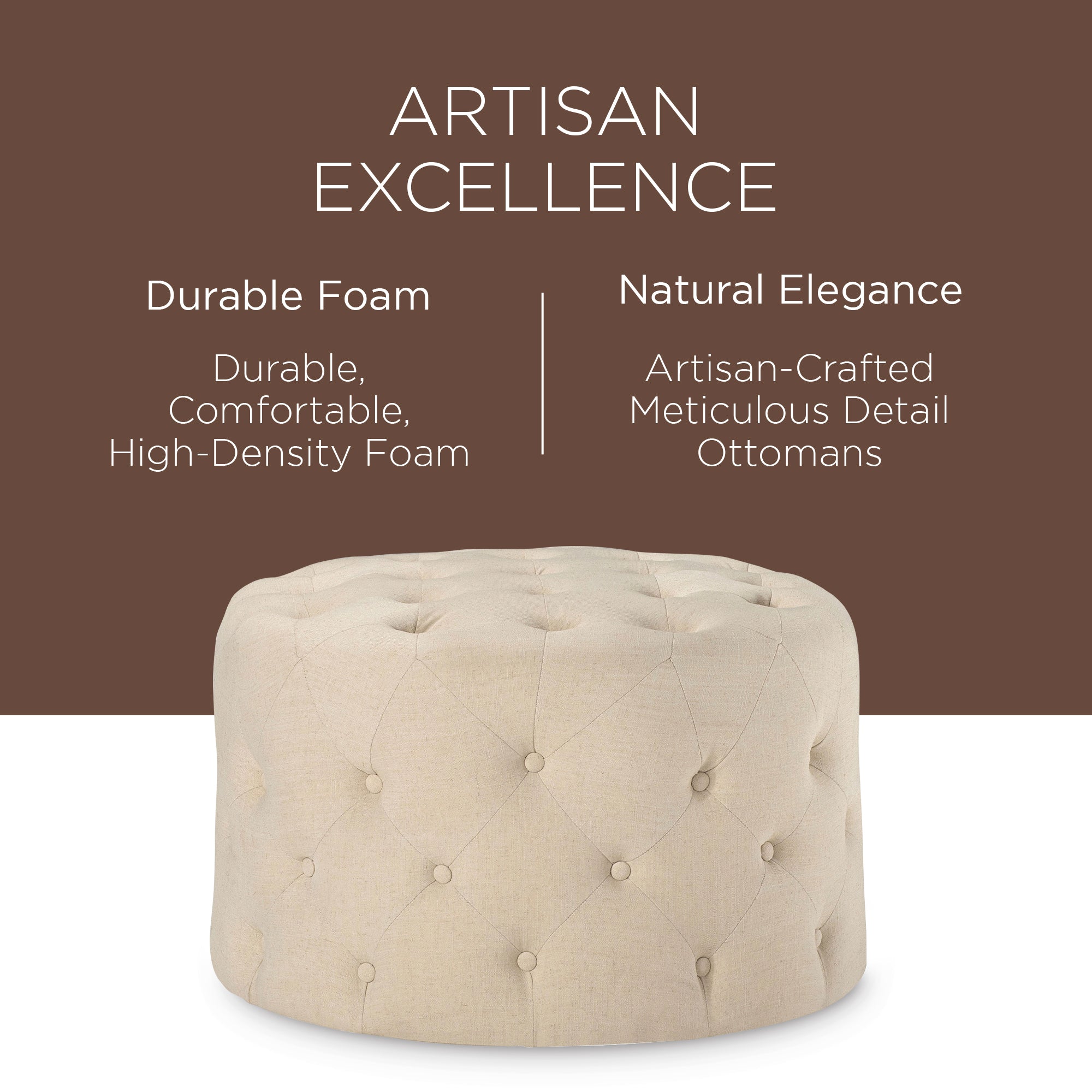 Maven Lane Marcy Traditional Round Ottoman in Taupe Fabric Upholstery (Open Box) - VMInnovations