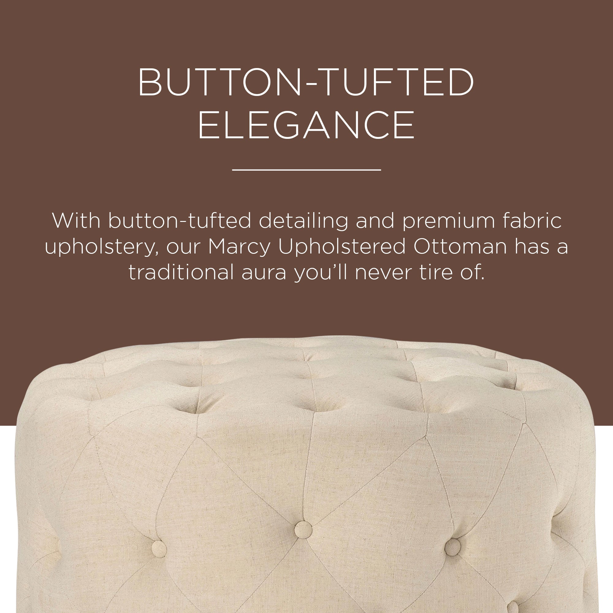 Maven Lane Marcy Traditional Round Ottoman in Taupe Fabric Upholstery (Open Box) - VMInnovations