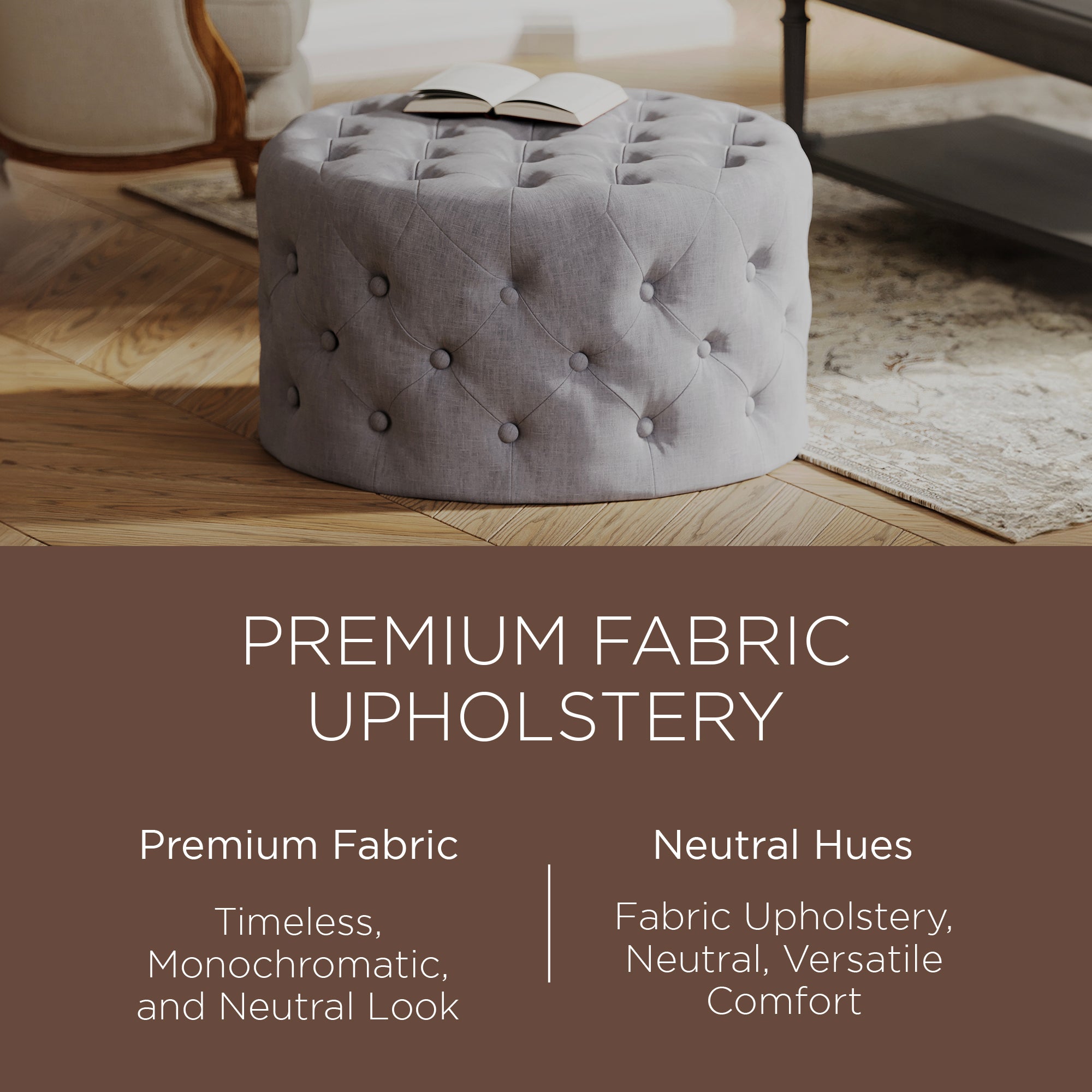 Maven Lane Marcy Traditional Round Ottoman in Slate Fabric Upholstery (Open Box) - VMInnovations
