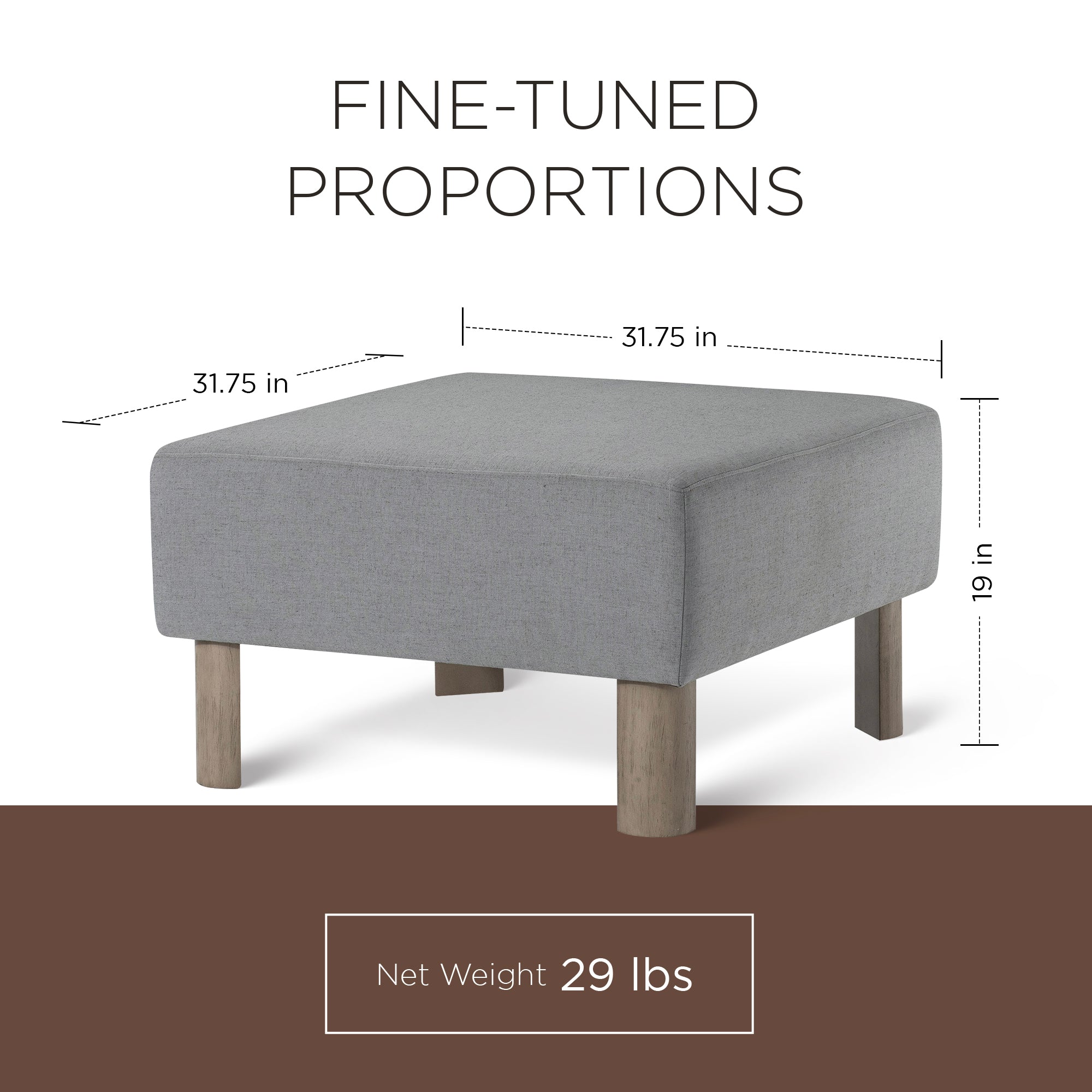 Maven Lane Lena Contemporary Upholstered Ottoman with Refined Grey Wood Finish - VMInnovations