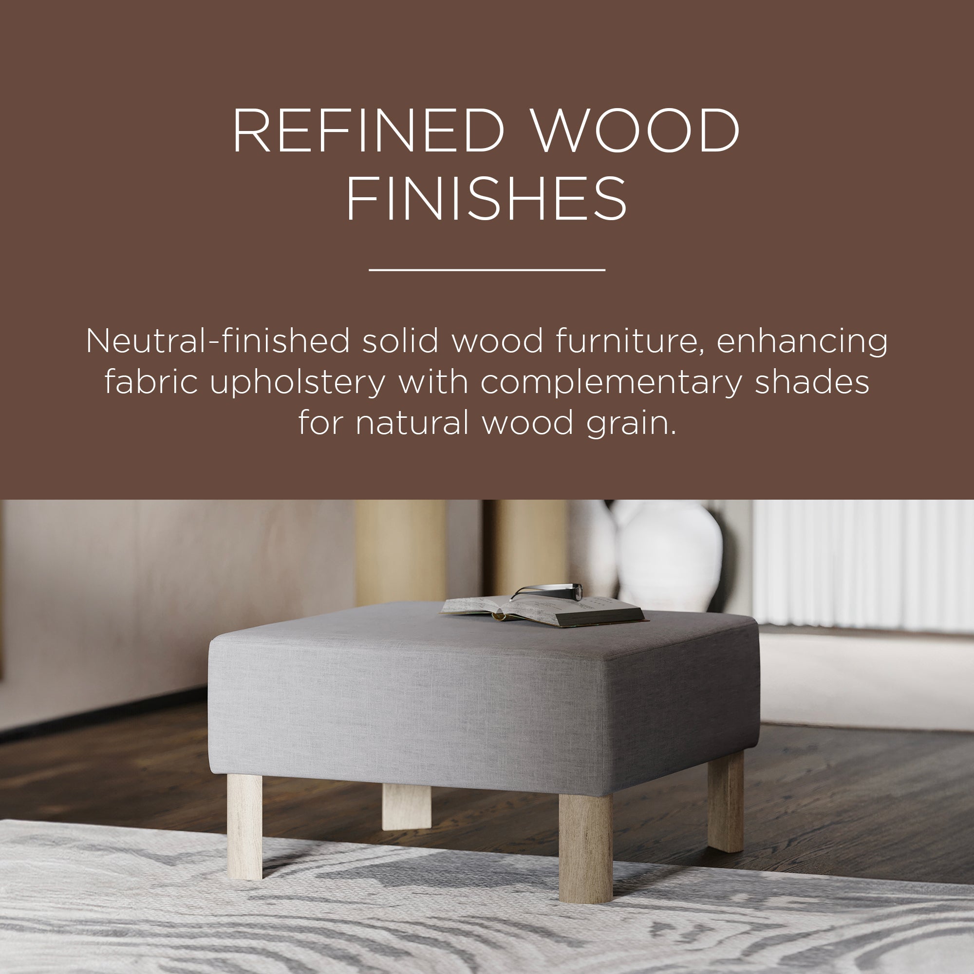 Maven Lane Lena Contemporary Upholstered Ottoman with Refined Grey Wood Finish - VMInnovations