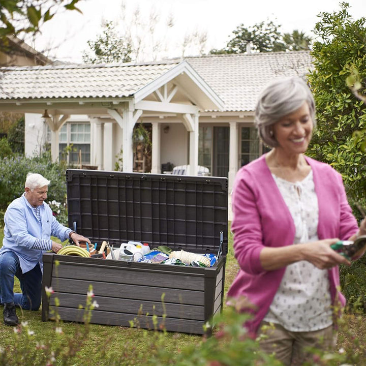 Keter Brushwood 120 Gallon Resin Outdoor Deck Storage Box for Yard Tools, Brown - VMInnovations