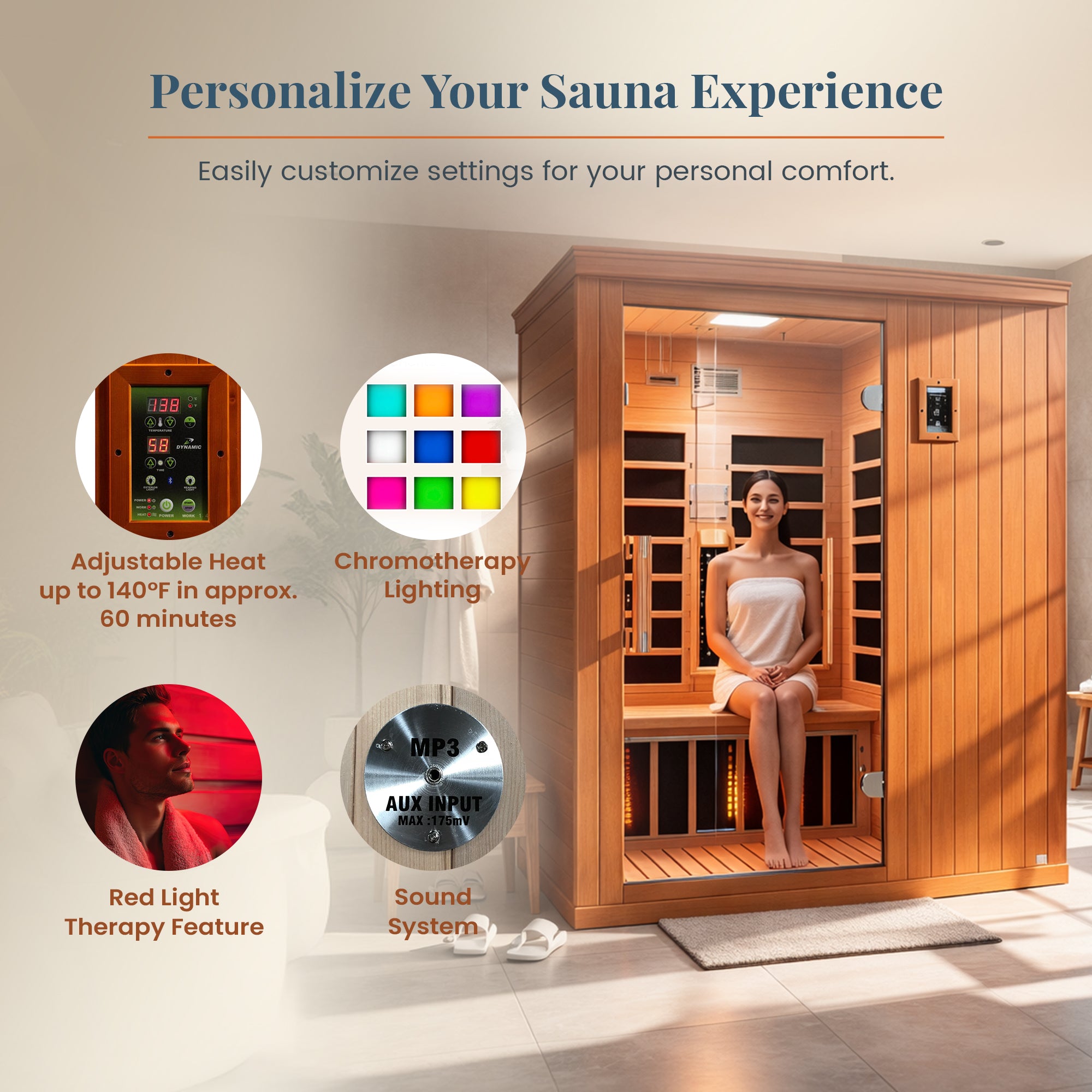 Dynamic Saunas Madrid Elite 3 Person Ultra Low EMF Infrared Lighting Home Sauna