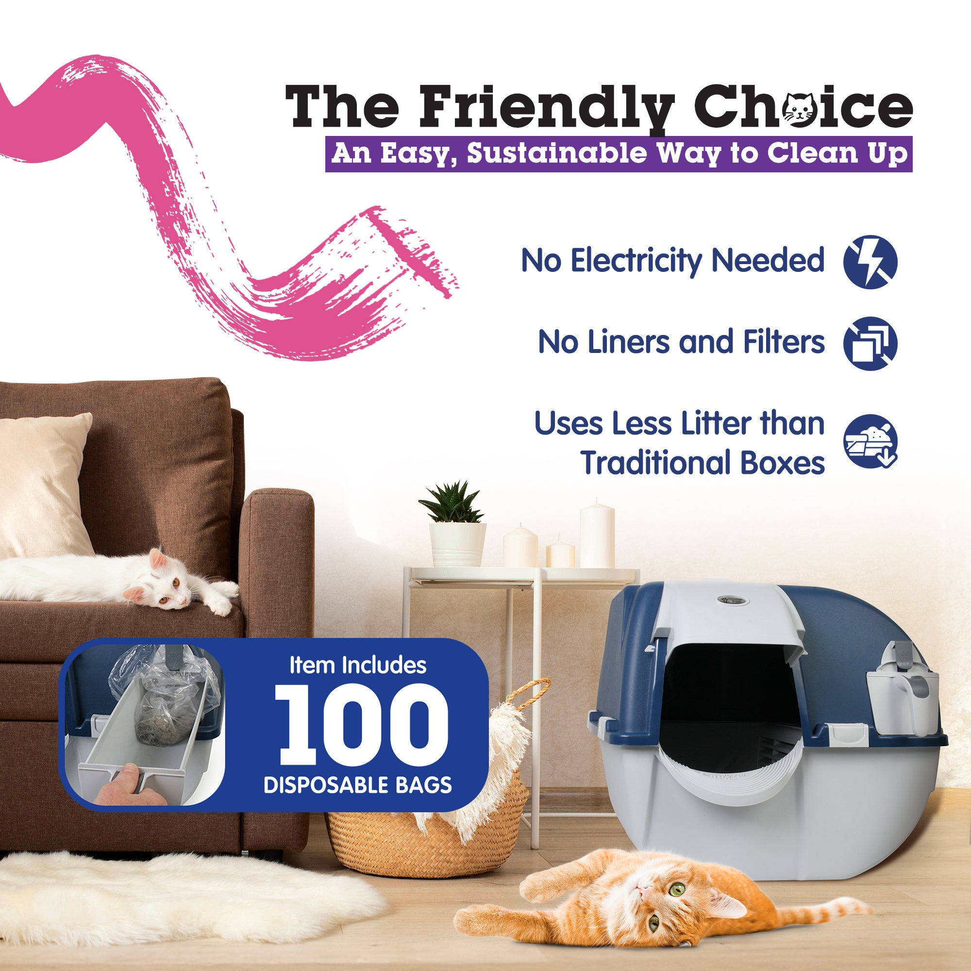 Omega Roll N Clean Complete Self Cleaning Litter Box & 100 Bags, Blue (Open Box) - VMInnovations
