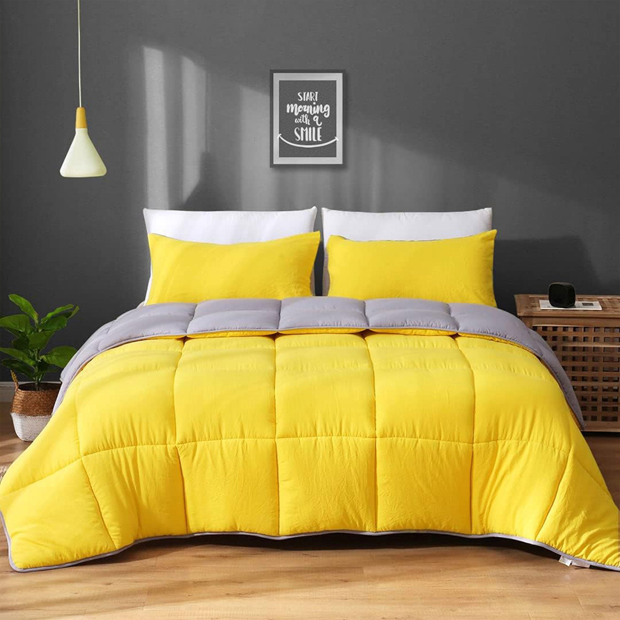 APSMILE Reversible King Ultra Soft Fluffy Bed Comforter, Yellow/Gray (Open Box) - VMInnovations