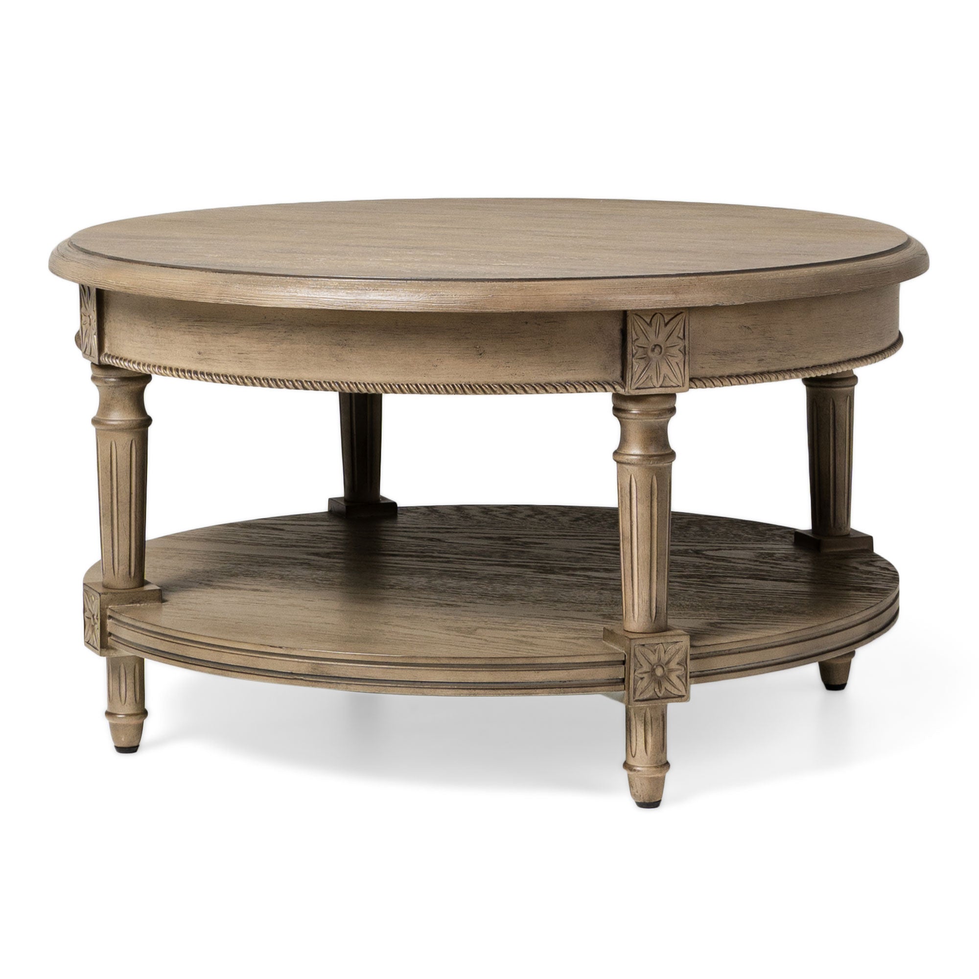 Maven Lane Pullman Traditional Round Wooden Coffee Table in Antiqued Grey Finish - VMInnovations