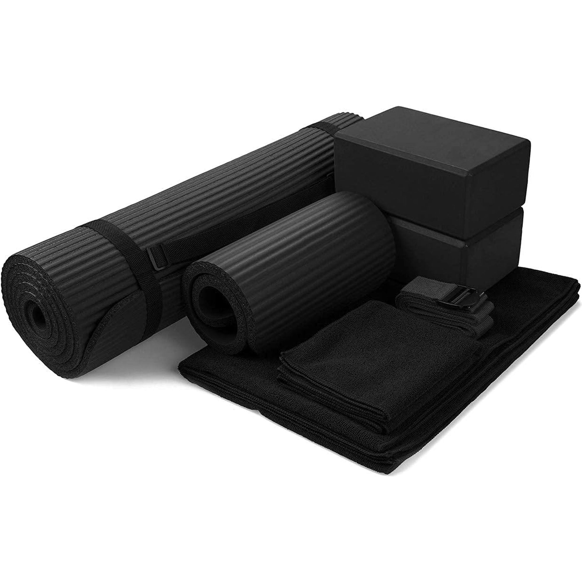 BalanceFrom 7pc Yoga Set w/Mat, Stretch Strap & Knee Pad, Black (Open Box) - VMInnovations