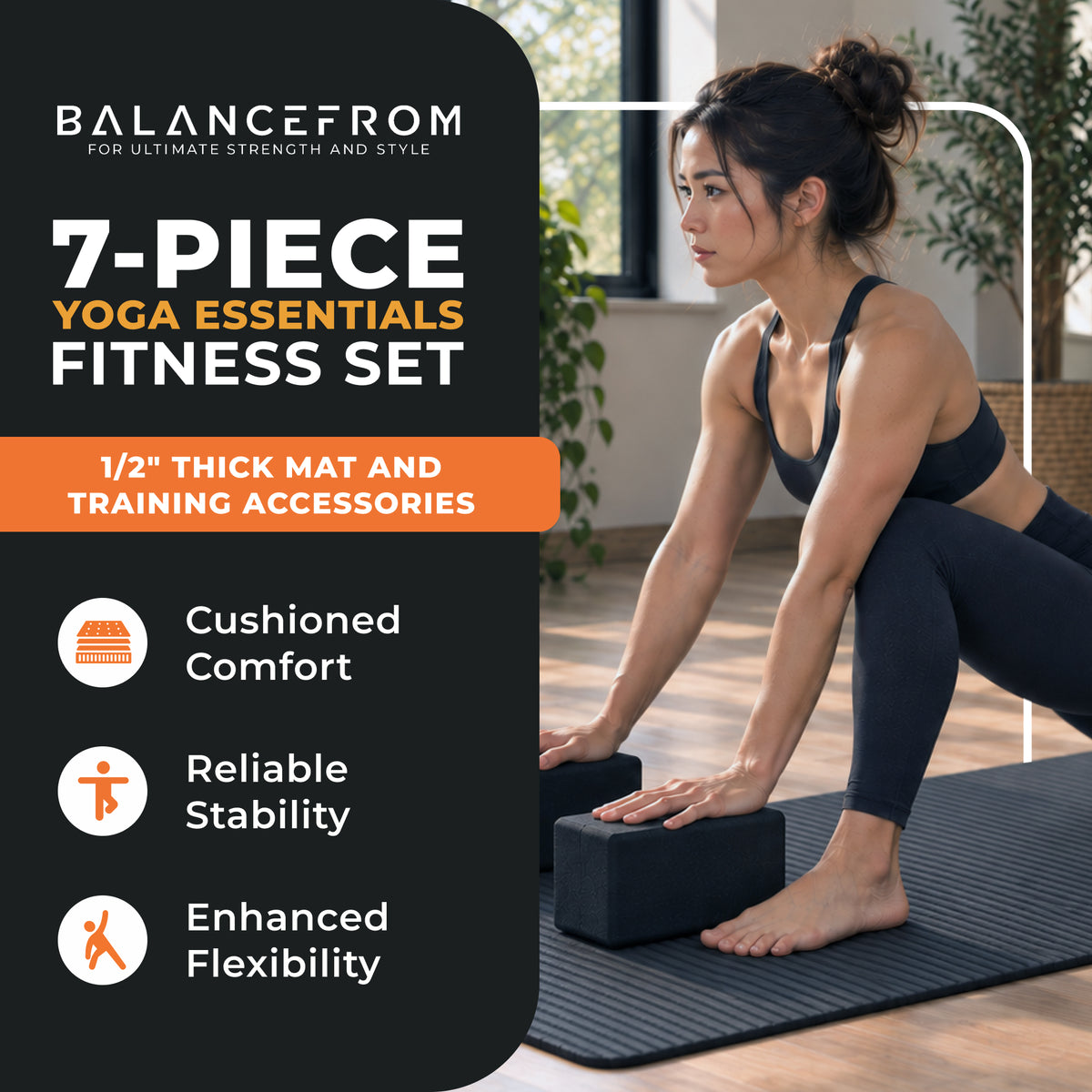 BalanceFrom 7pc Yoga Set w/Mat, Stretch Strap & Knee Pad, Black (Open Box)