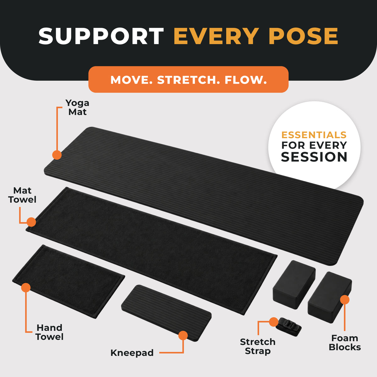 BalanceFrom 7pc Yoga Set w/Mat, Stretch Strap & Knee Pad, Black (Open Box)