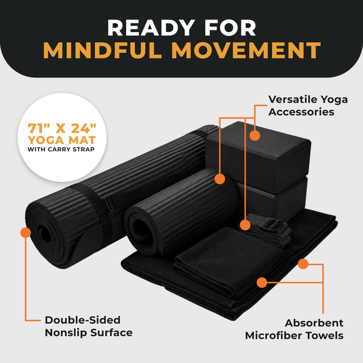 BalanceFrom 7pc Yoga Set w/Mat, Stretch Strap & Knee Pad, Black (Open Box)