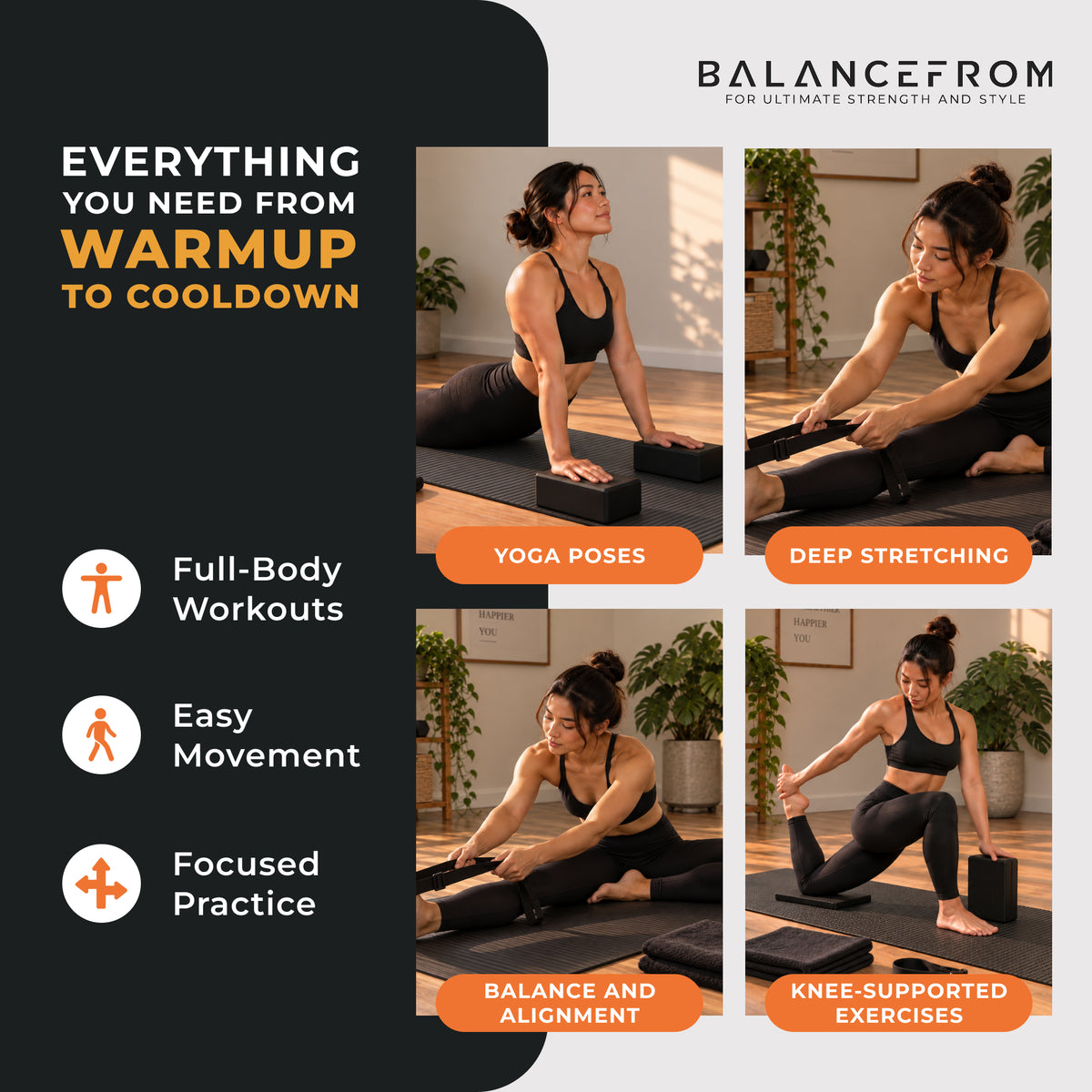 BalanceFrom 7pc Yoga Set w/Mat, Stretch Strap & Knee Pad, Black (Open Box)