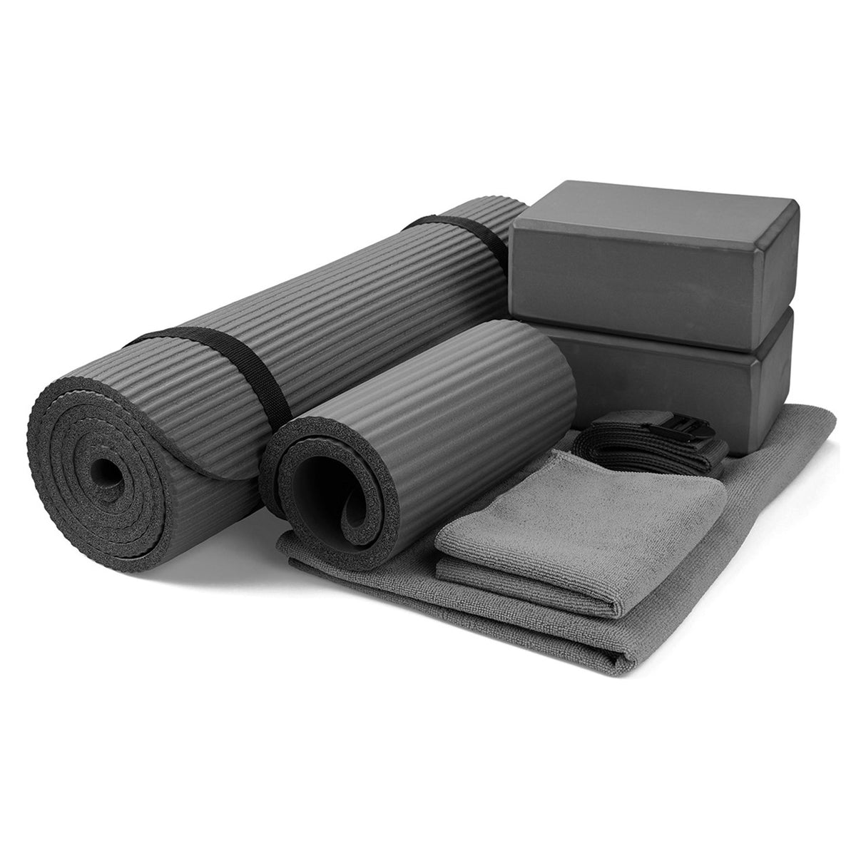 BalanceFrom 7pc Yoga Set with Mat, Stretch Strap & Knee Pad, Gray (Open Box)