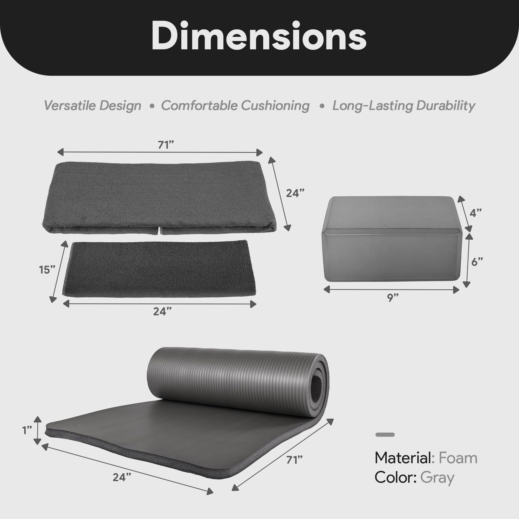 BalanceFrom 7pc Yoga Set with Mat, Stretch Strap & Knee Pad, Gray (Open Box) - VMInnovations
