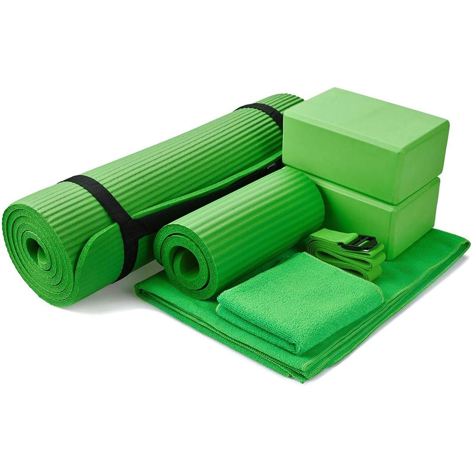 BalanceFrom Fitness 7pc Yoga Set with Mat, Stretch Strap & Knee Pad, Green(Used) - VMInnovations