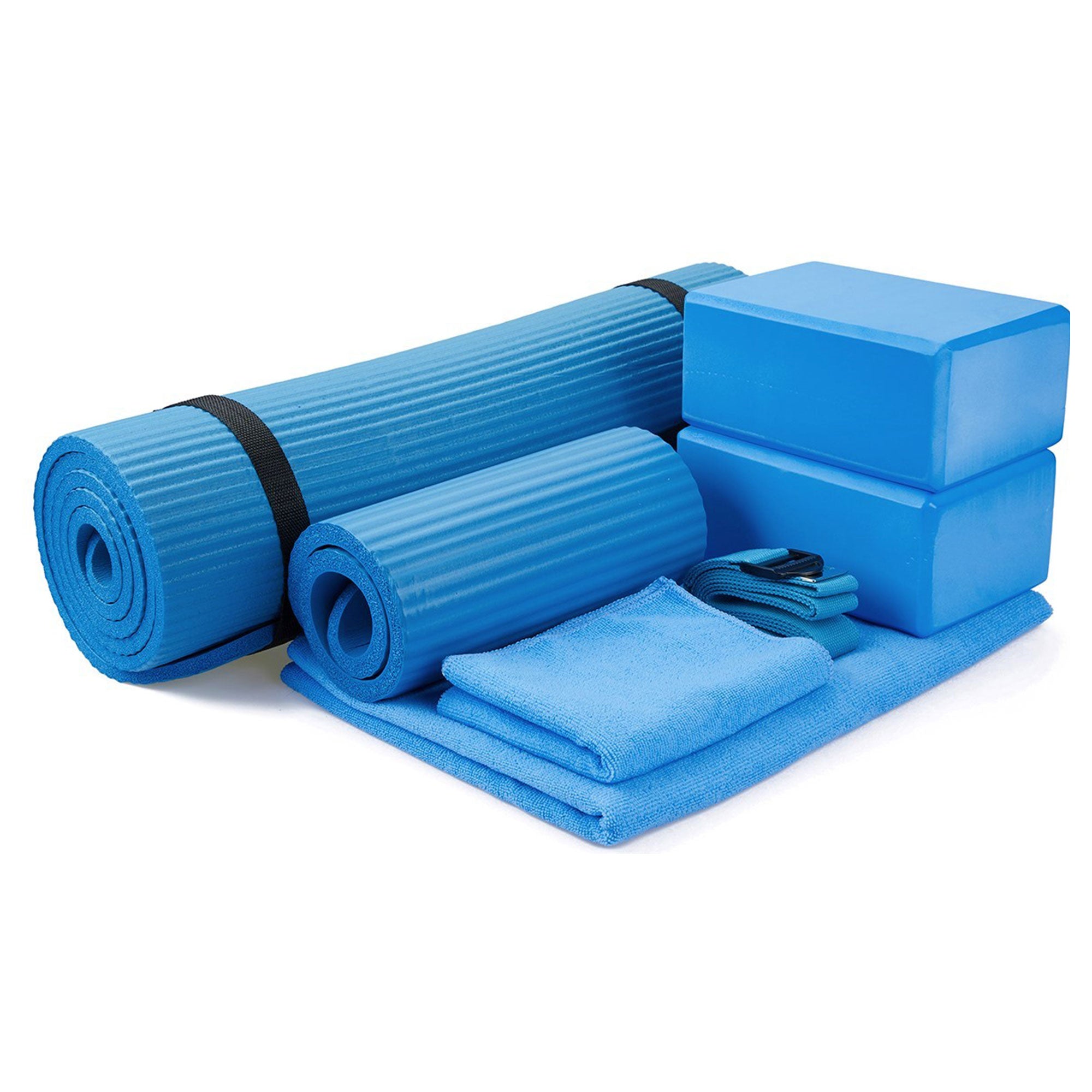 BalanceFrom Fitness 7pc Yoga Set w/Mat, Stretch Strap & Knee Pad, Blue(Open Box)