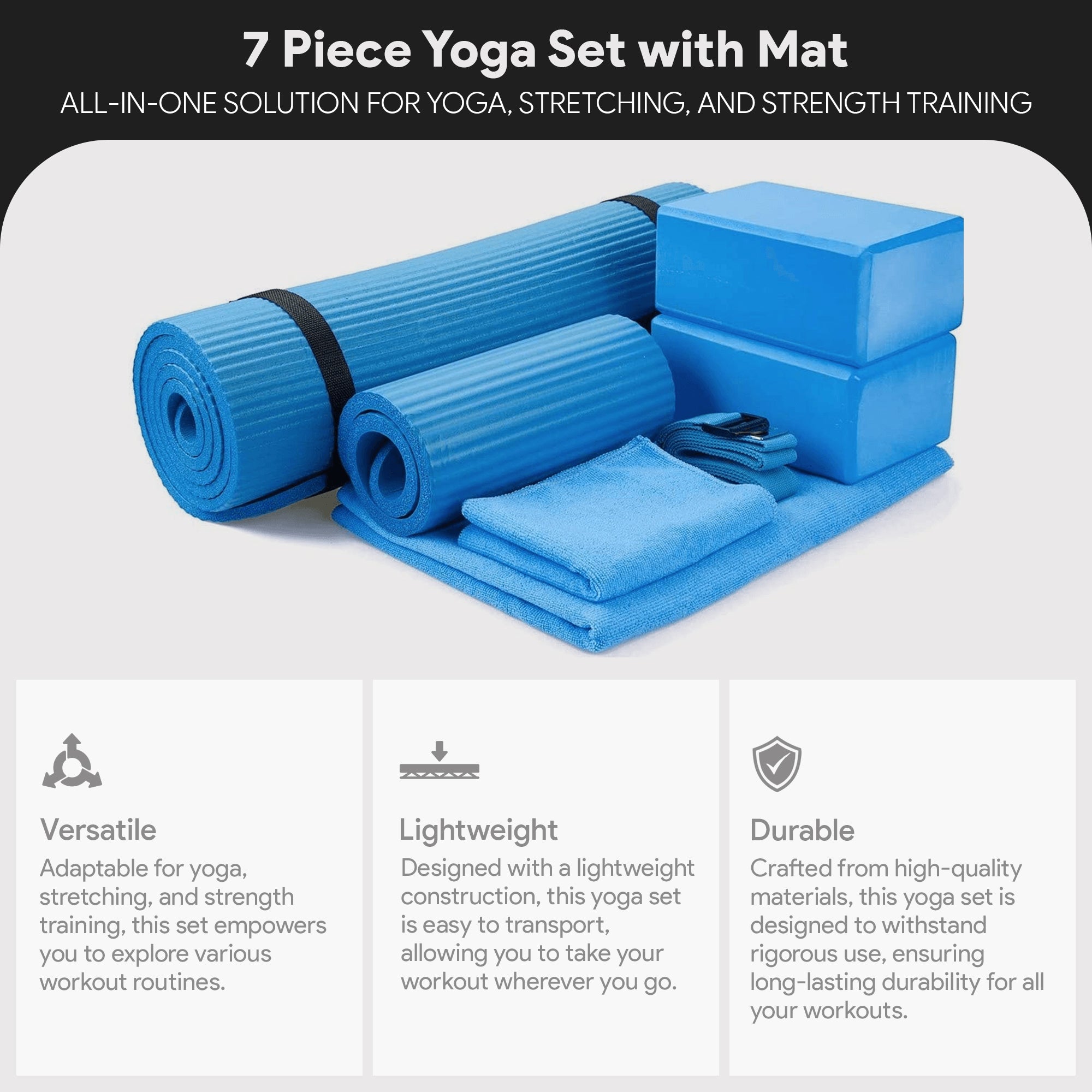 BalanceFrom Fitness 7Pc Yoga Set with Mat, Stretch Strap & Knee Pad, Blue (Used) - VMInnovations