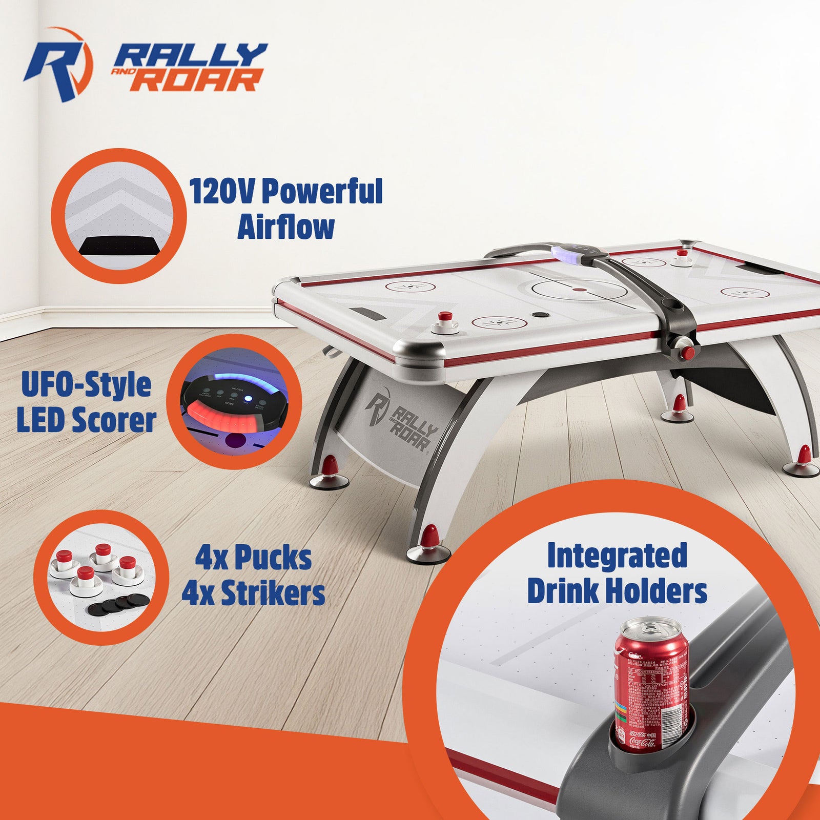 Rally and Roar 7 Foot Air Powered Hockey Table w/ Electronic Scorer, 2 Pucks and 2 Pushers - VMInnovations