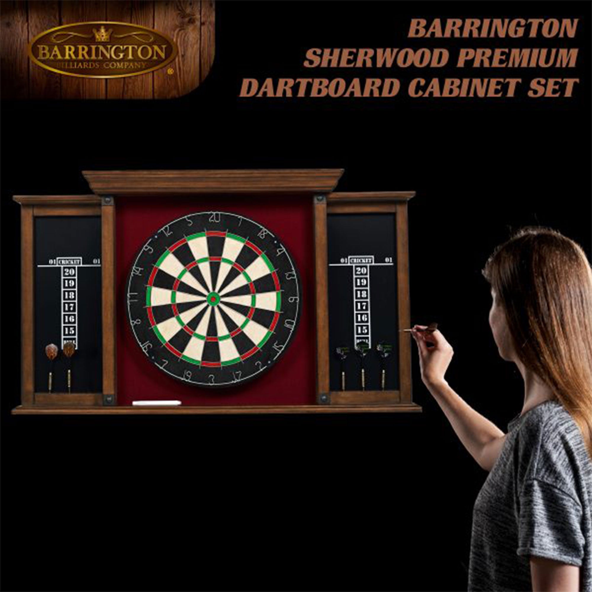 Barrington Billiards 18" Premium Dartboard Cabinet Set with Darts (Open Box) - VMInnovations