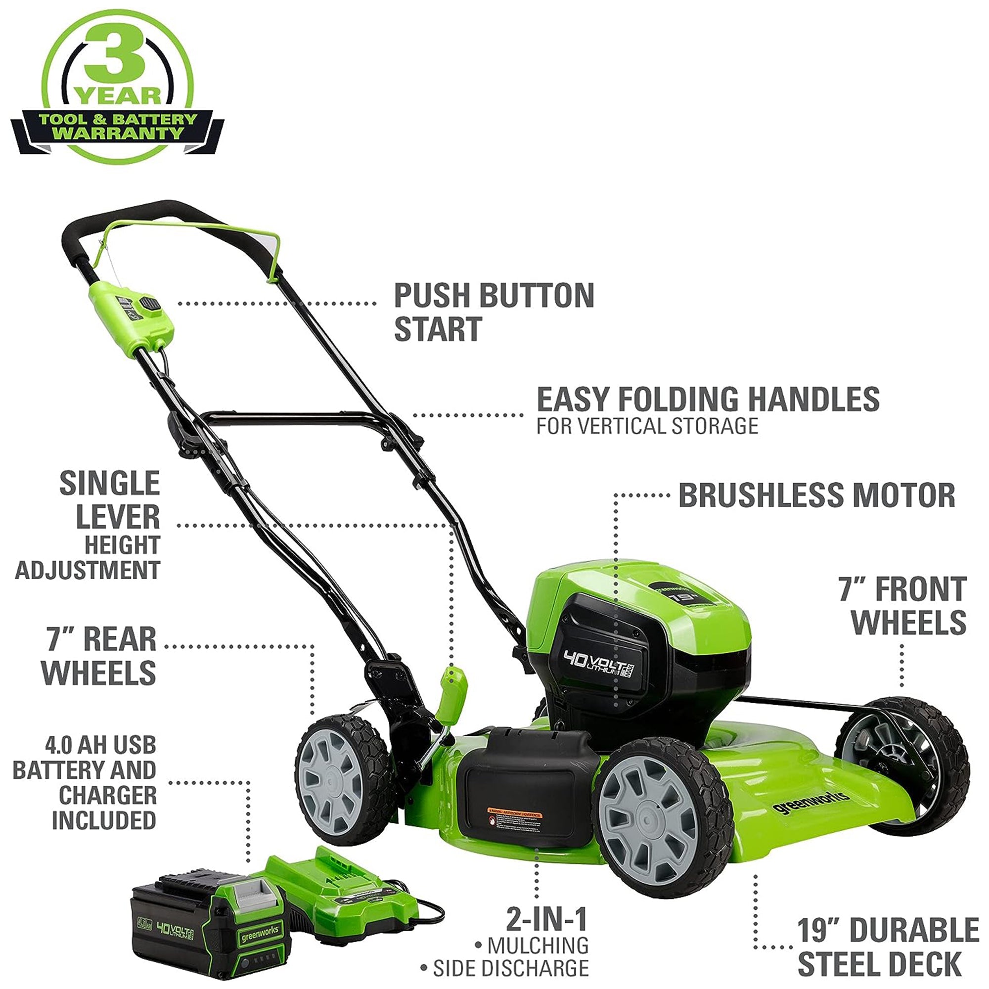 Greenworks 40V Cordless Battery Push Lawn Mower 4.0Ah 19" Deck, Charger Included - VMInnovations
