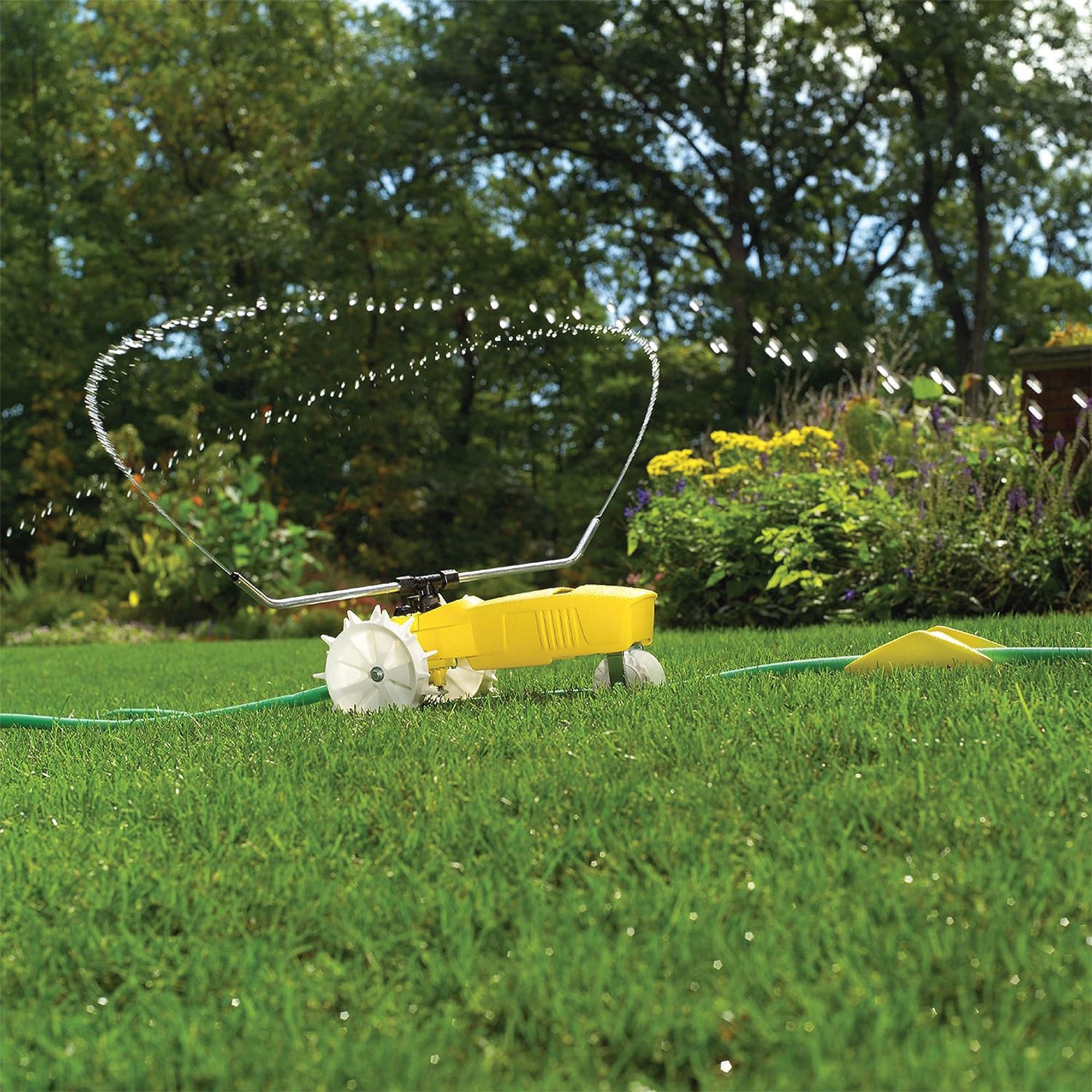 Nelson Rain Train 13,500 Sq Ft Cast Iron Lawn Traveling Sprinkler, Yellow (Used) - VMInnovations