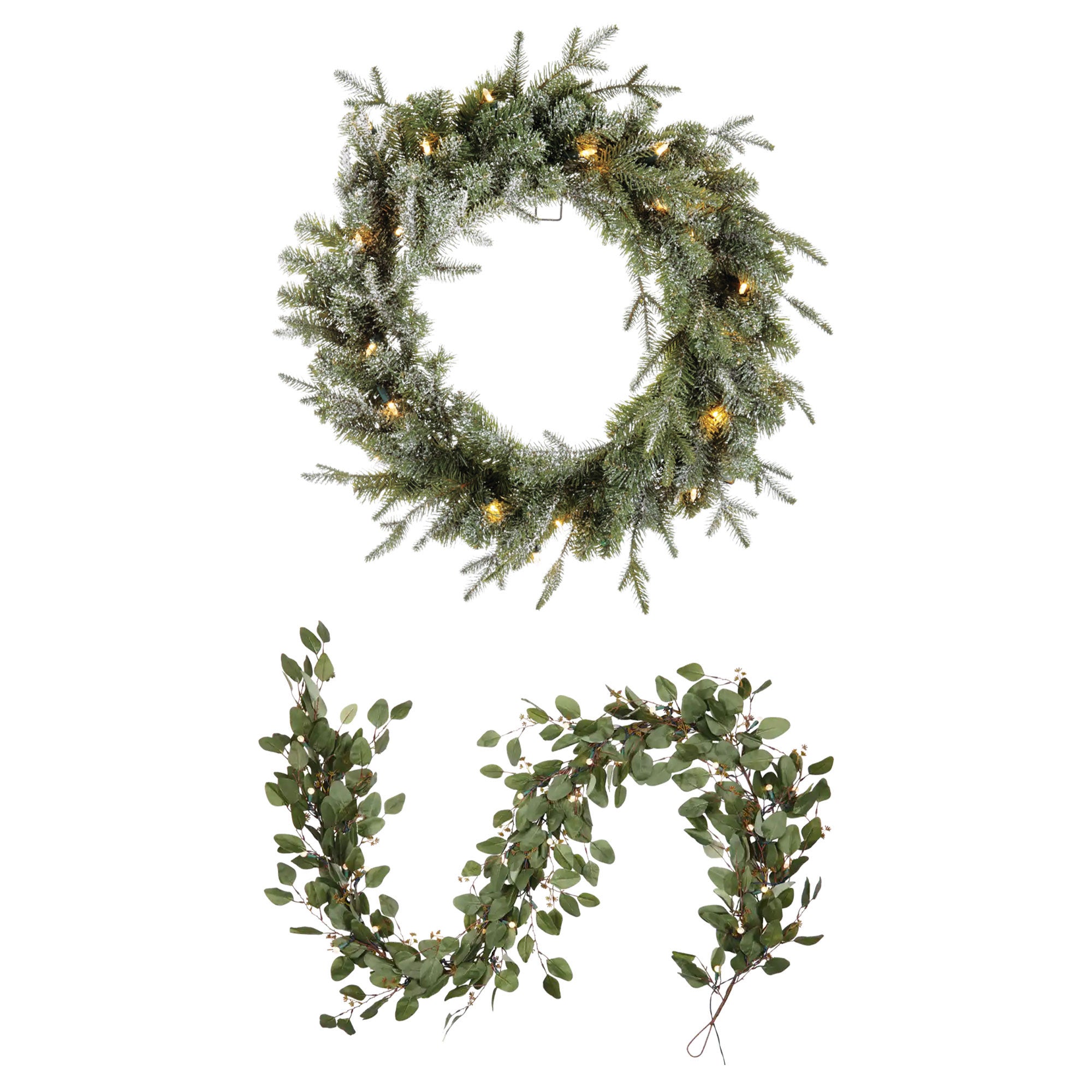 Noma 24" Pre-Lit Frosted Fir Artificial Wreath & 9' Garland Holiday Mantle Decor - VMInnovations
