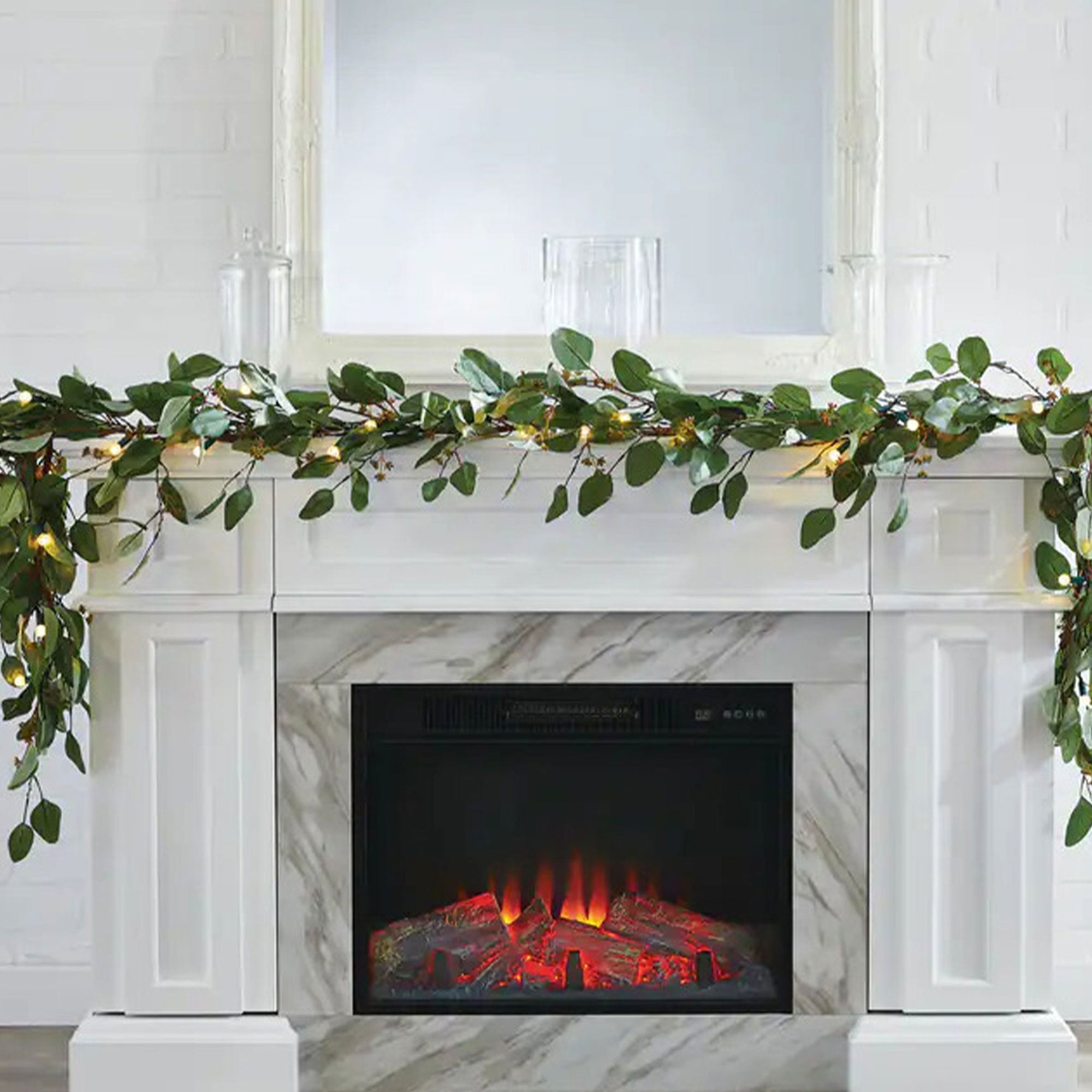 Noma 24" Pre-Lit Frosted Fir Artificial Wreath & 9' Garland Holiday Mantle Decor - VMInnovations