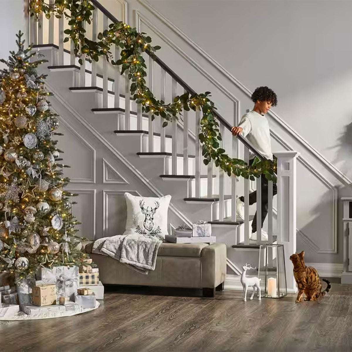 Noma 24" Pre-Lit Frosted Fir Artificial Wreath & 9' Garland Holiday Mantle Decor