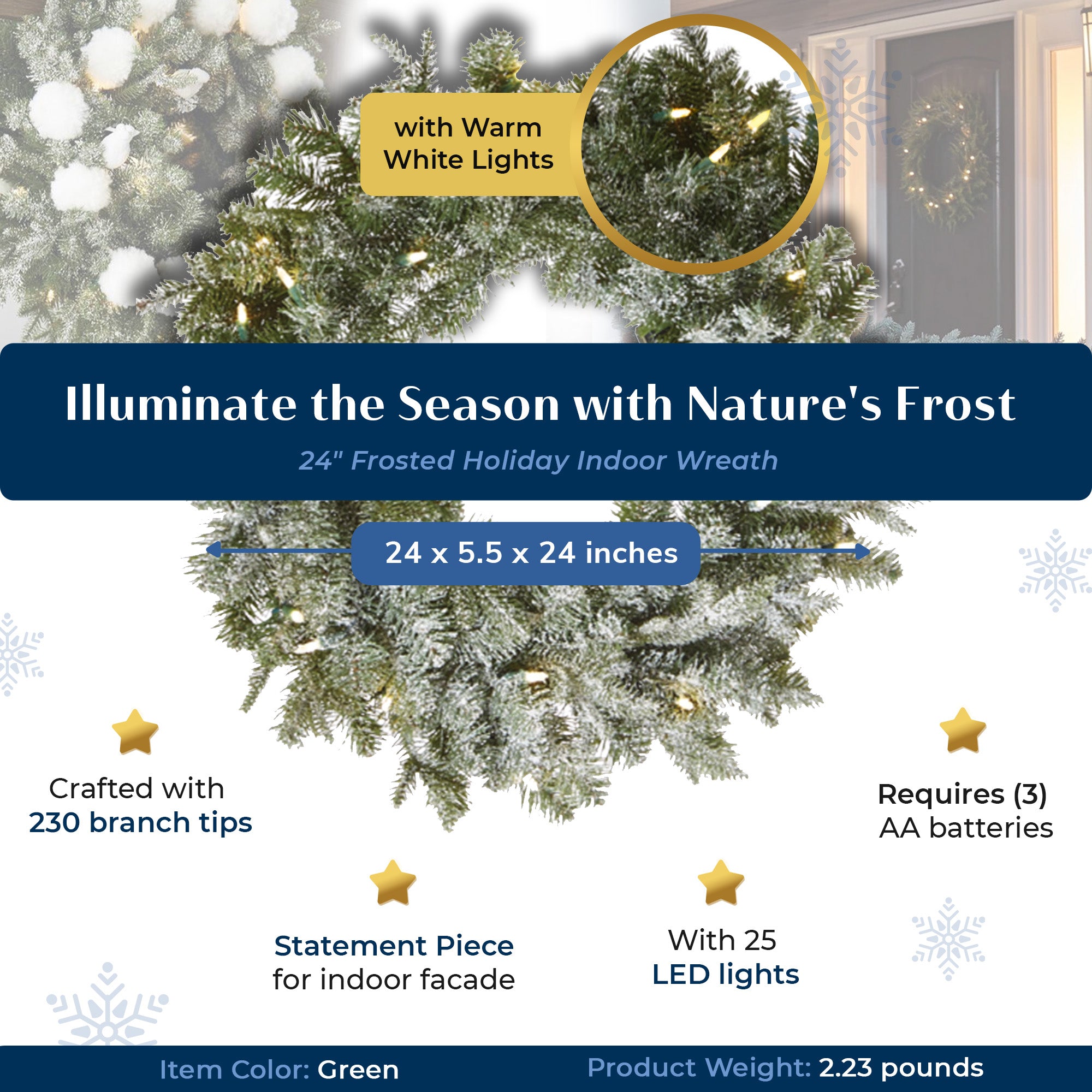 Noma 24" Pre-Lit Frosted Fir Artificial Wreath & 9' Garland Holiday Mantle Decor - VMInnovations