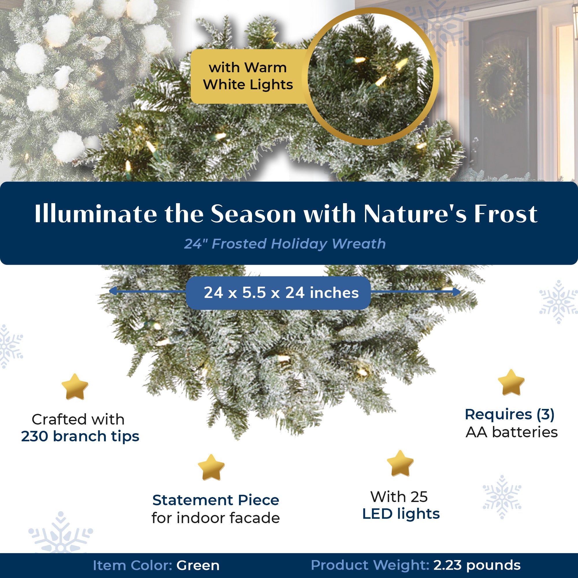 Noma 24" Pre-Lit Frosted Fir Artificial Wreath & 9' Garland Holiday Mantle Decor