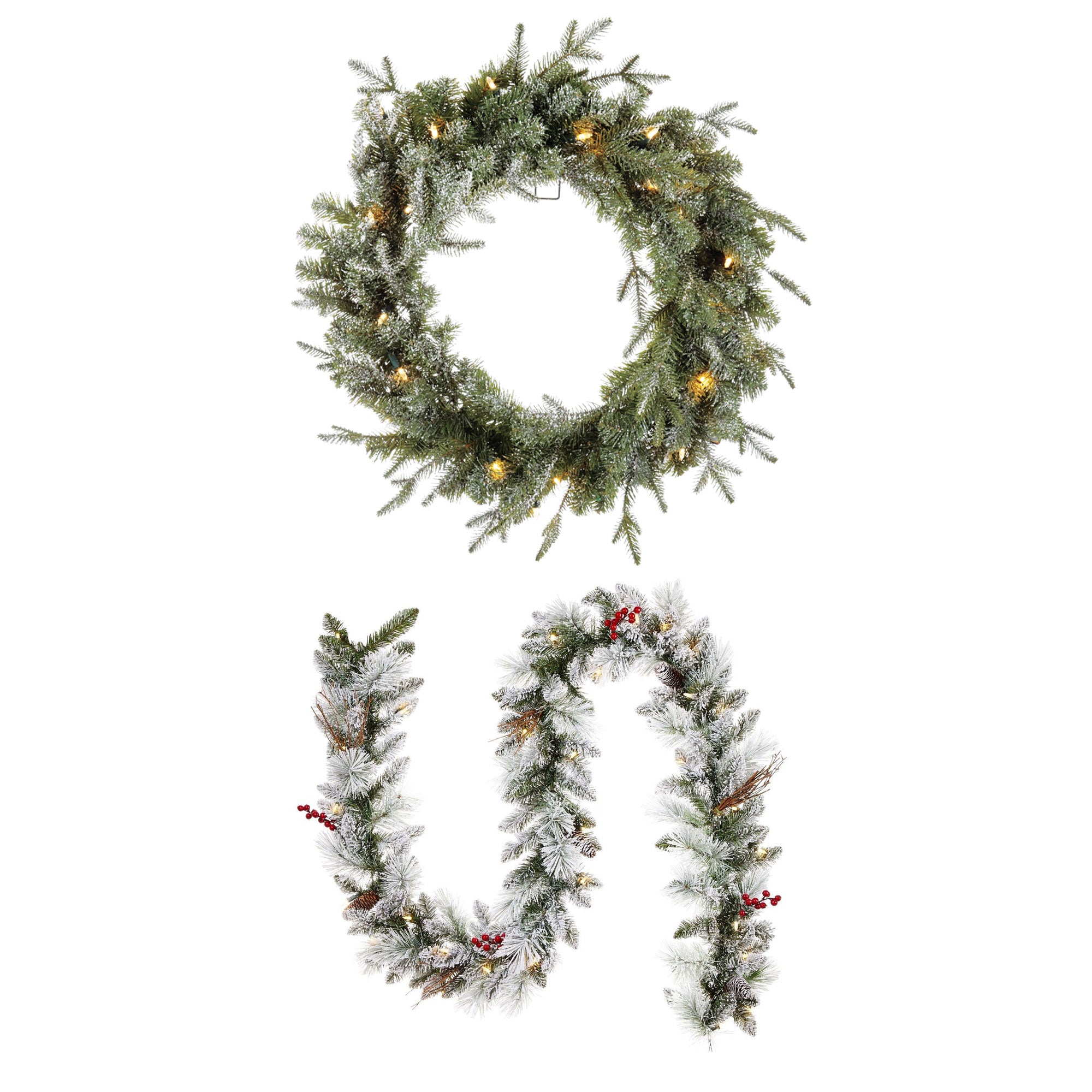 Noma 24" Pre-Lit Frosted Fir Artificial Wreath & 9' Garland Holiday Mantle Decor - VMInnovations