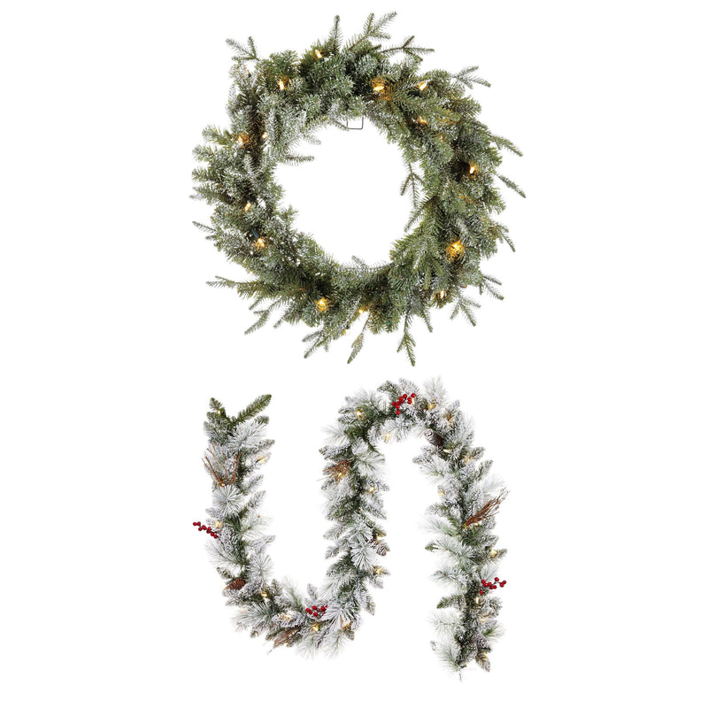 Noma 24" Pre-Lit Frosted Fir Artificial Wreath & 9&