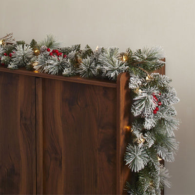 Noma 24" Pre-Lit Frosted Fir Artificial Wreath & 9' Garland Holiday Mantle Decor