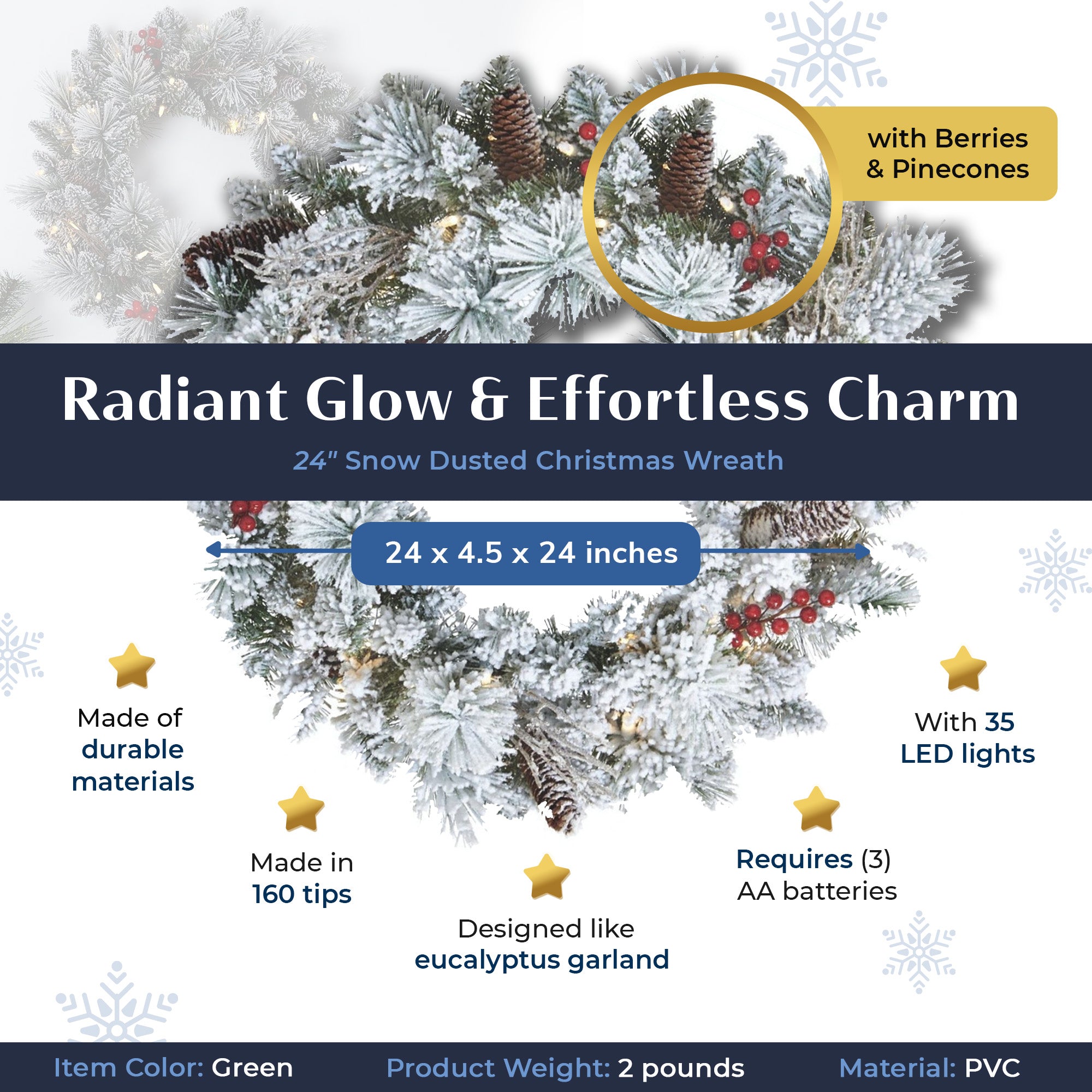 NOMA Snow Dusted Pre Lit Artificial Christmas Wreath with 9 Foot Frosted Garland - VMInnovations