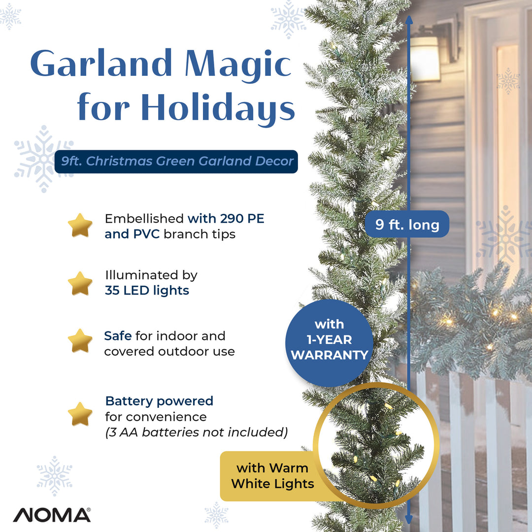 NOMA Snow Dusted Pre Lit Artificial Christmas Wreath with 9 Foot Frosted Garland - VMInnovations
