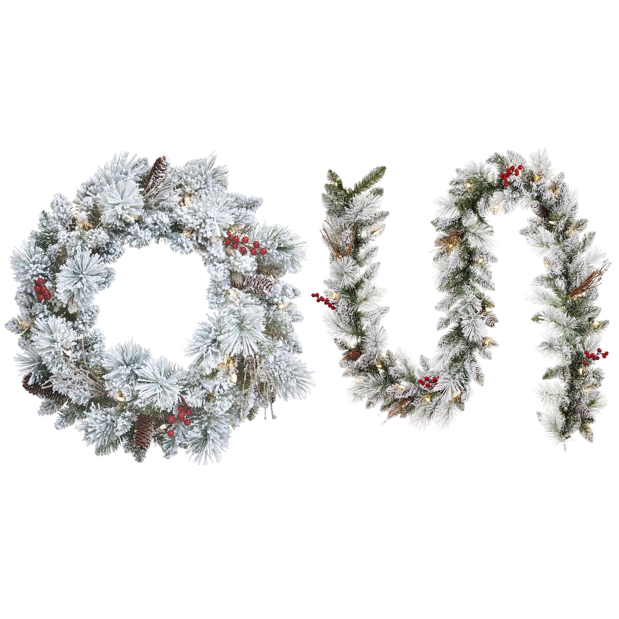 NOMA Snow Dusted Pre Lit Artificial Christmas Wreath with Berry Holiday Garland - VMInnovations