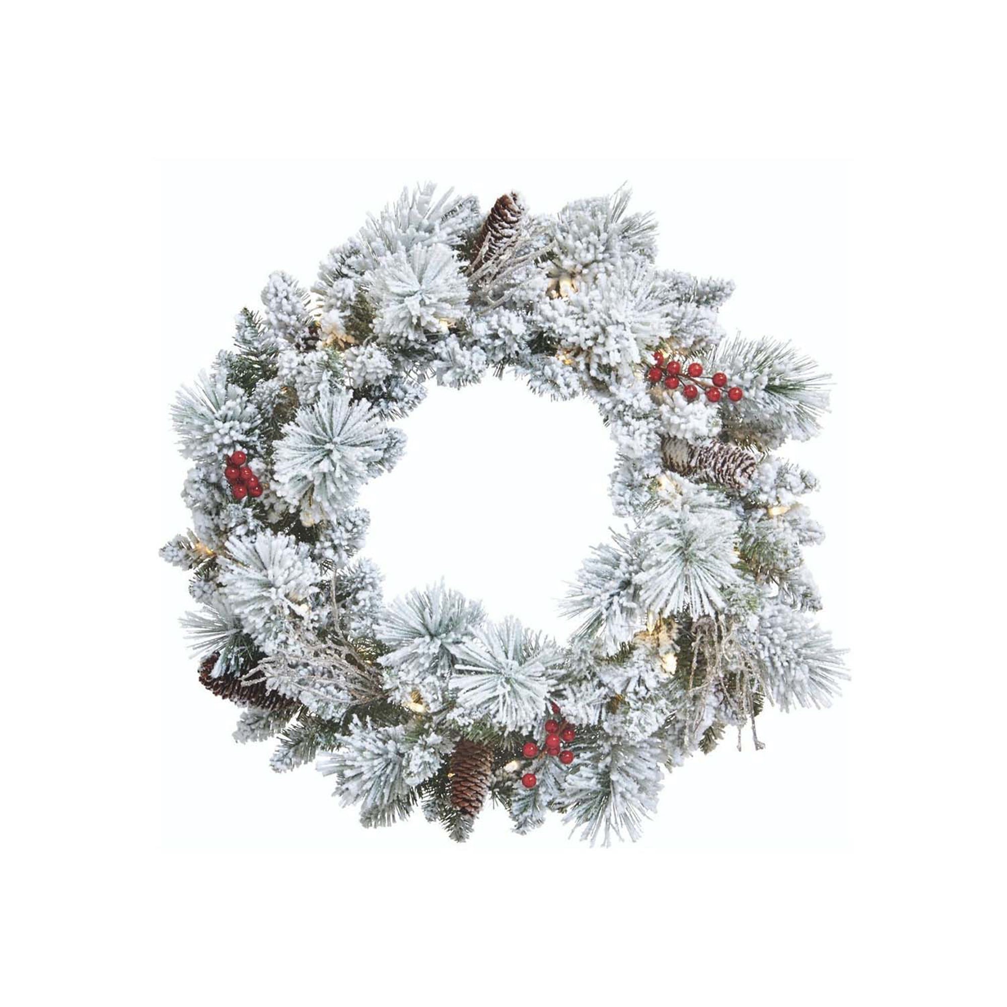NOMA Snow Dusted Pre Lit Artificial Christmas Wreath with Berry Holiday Garland - VMInnovations