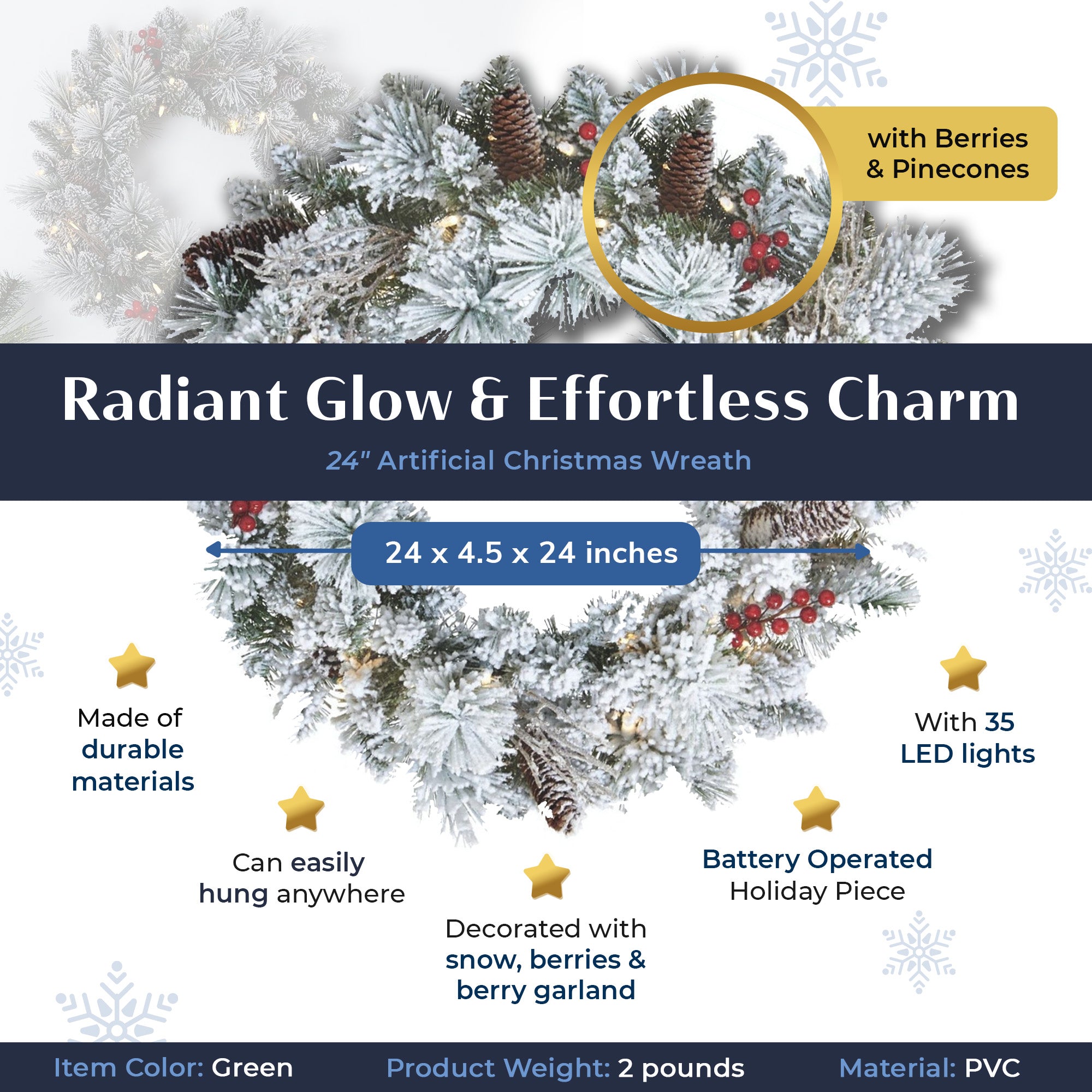 NOMA Snow Dusted Pre Lit Artificial Christmas Wreath with Berry Holiday Garland