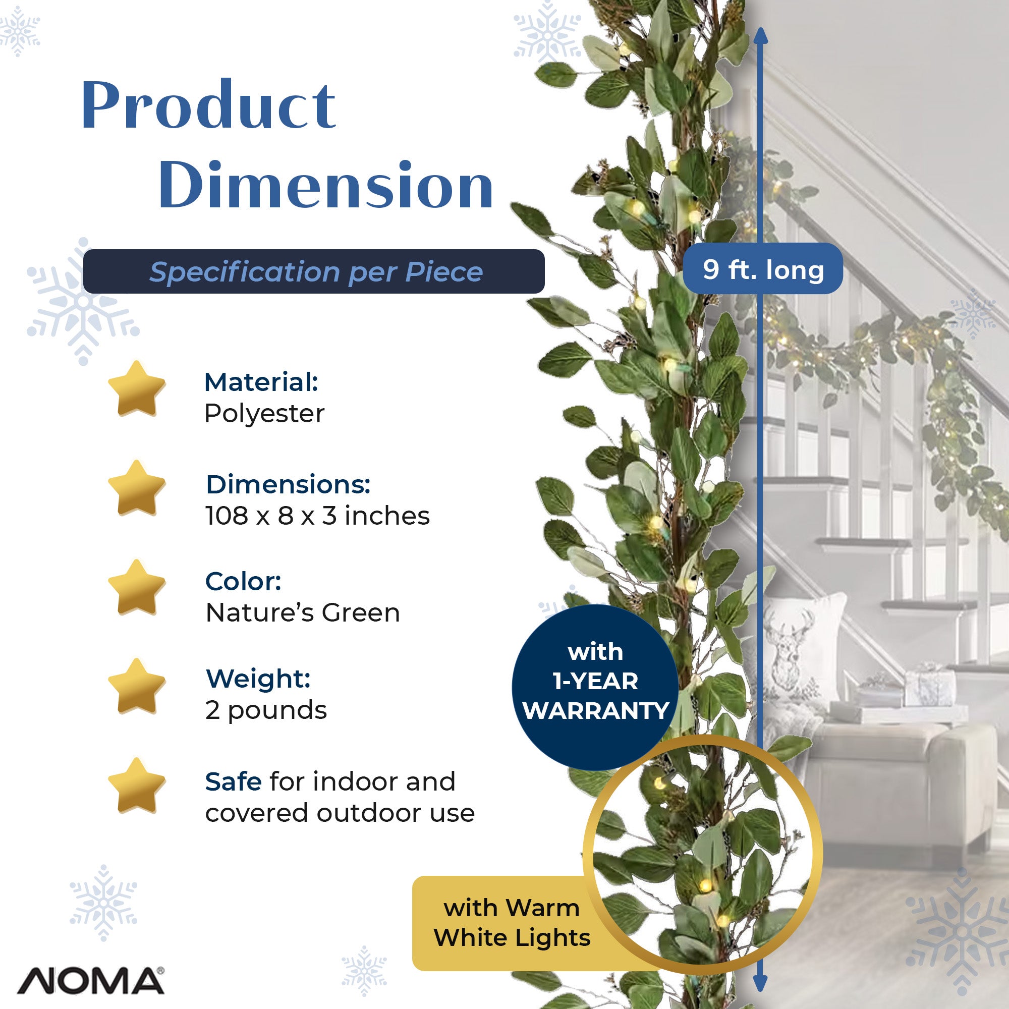 Noma Pre-Lit 9 Foot Christmas Garland with Battery Operated LED Lights (2 Pack)