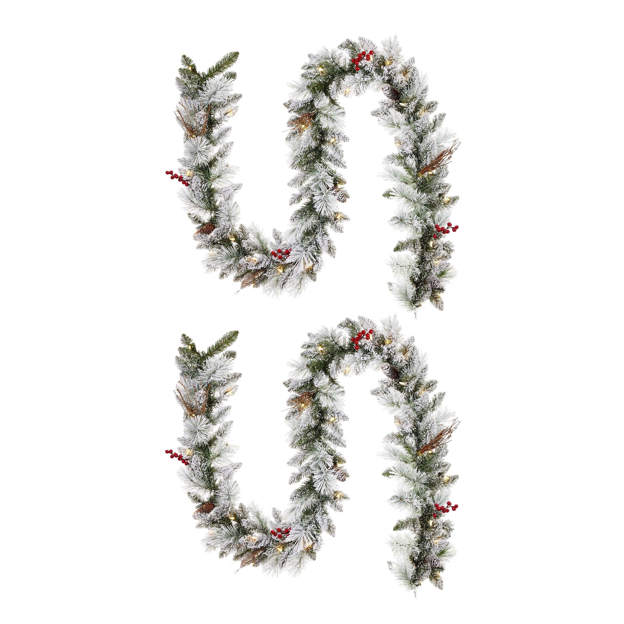 NOMA Snow Dusted Berry 9 Foot Pre Lit Christmas Garland Holiday Decor (2 Pack) - VMInnovations